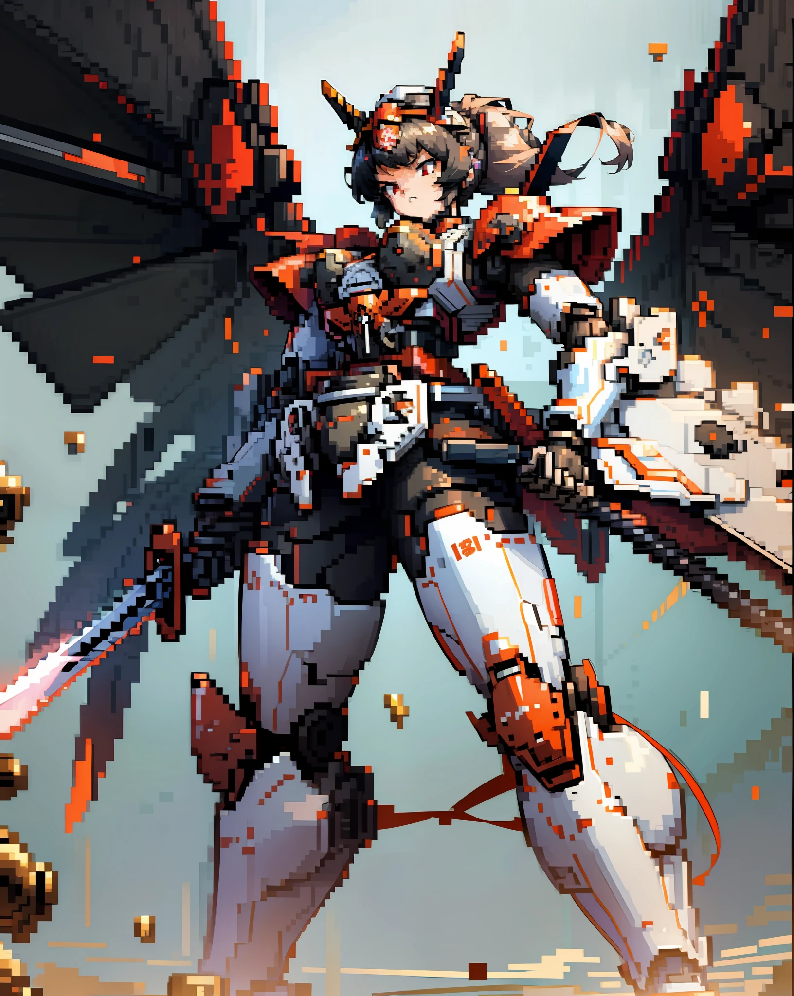 hyper quality, hyper detailed,perfect drawing,Solo, Beautiful Girl, masterpiece, (mecha musume), mechanical armor, headgear, mechanical wings, holding huge gunSamurai wielding a sword, Black Ponytail, Hair tied up with a large red ribbon, Equipped with two Japan swords ((extra huge oversize cool samurai_sword in hands, extra huge cool weapon machine)), open stance, action pose,purgatory,