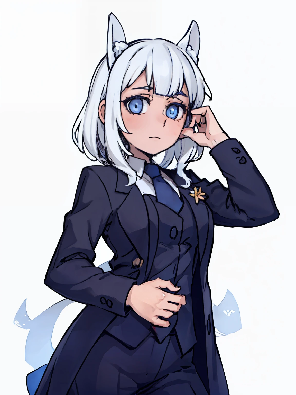 A girl frontal,((two sides up),(A half body),(White color hair),(blue color eyes)),In black suit,Blue lining,Young, White background