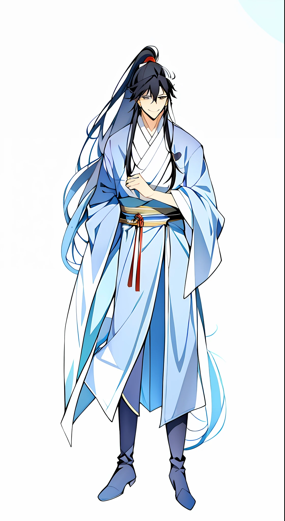 Anime characters with long hair and blue robes holding a fan, flowing hair and long robes, full-body wuxia, inspired by Wu Daozi, wearing a long flowing robe, Wears a robe with a moire pattern，brunette color hair，Wearing black boots，With a fan，The robe has a white pattern，The scent hangs around the waist，There are white flowers on the aroma，The expression is a smile，big-eyed handsome guy，The bottom of the robe has a pattern