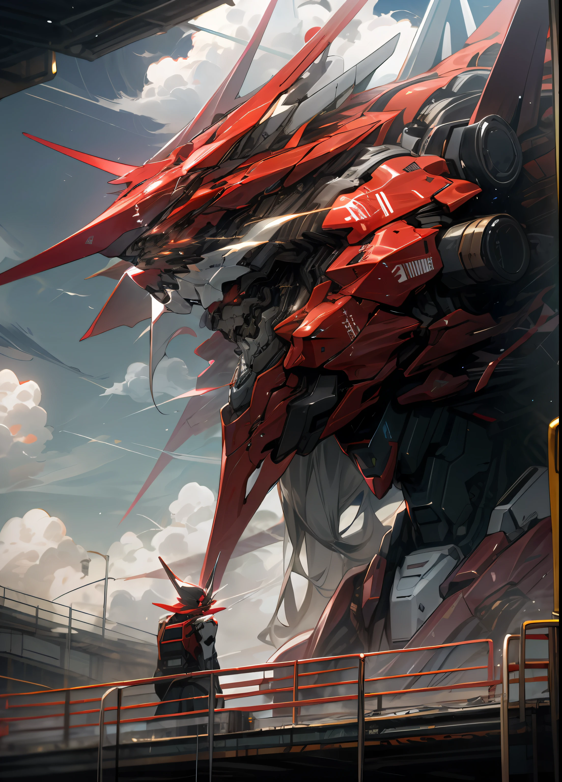 Skysky，​​clouds，red color mecha，buliding，Glowing_Eyes，Mecha，scientific fiction，城市，Realistis，Smooth edges，full bodyesbian，Long range