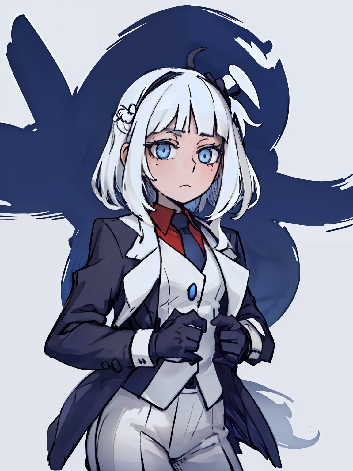 A girl frontal,((two sides up),(A half body),(White color hair),(blue color eyes)),In black suit,Blue lining,Young, White background