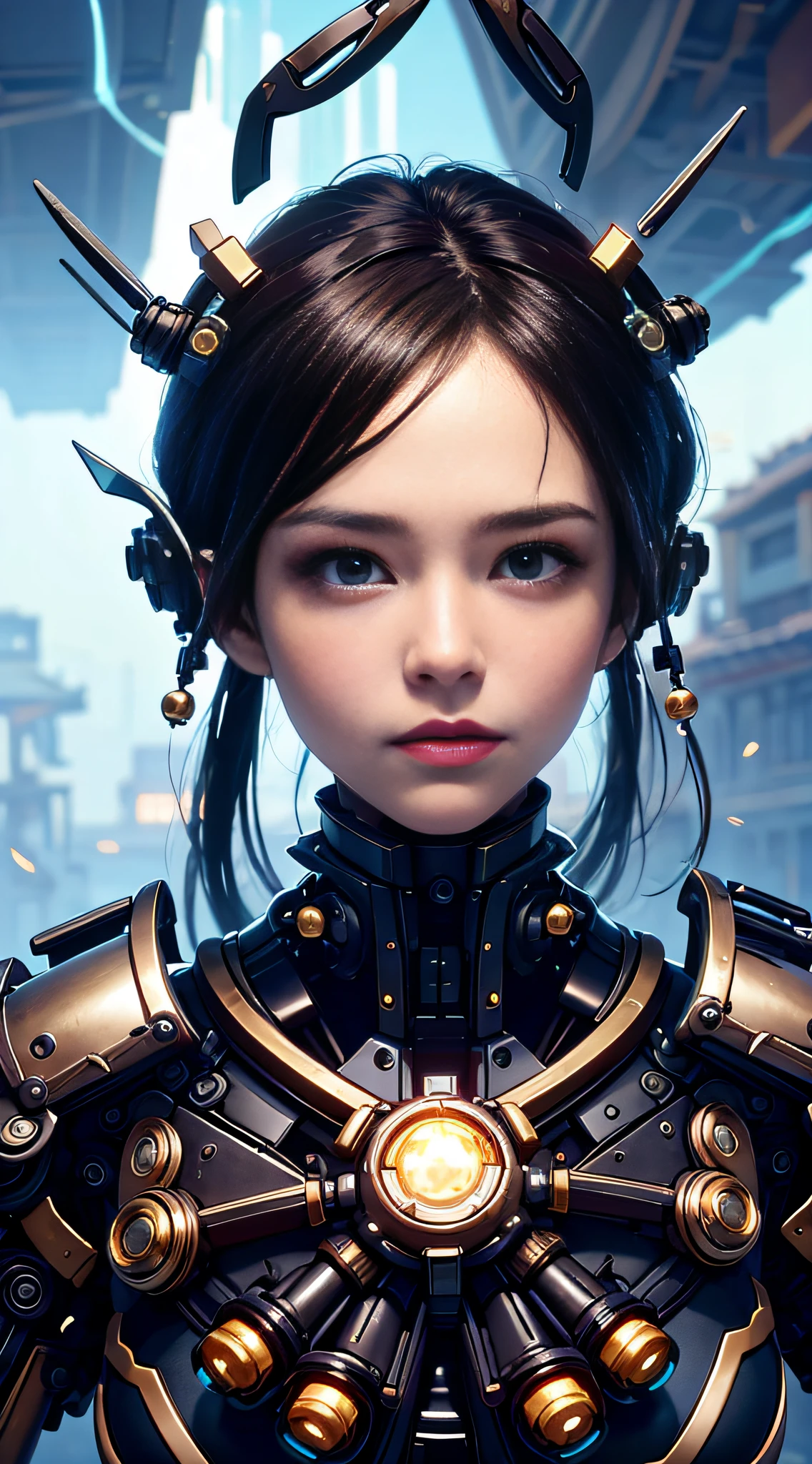 Realistic, 35mm, Intricate detail, hdr, Intricate detail, Ultra detailed, Natural skin texture, Surreal, Sharp, 1 girl, Chinese, Blush, Black eyes, Black smooth hair, Portrait, Solo, half shot, top view, detailed background, detailed face, (1nf3rnalAI, hell theme: 1.1), strong expression, dynamic pose, glass robot, (made of glass: 1.1), translucent, glass structure, warrior, glass Armor, dirty glass, machinery, power, magic symbols, mysterious power, floating particles, reflections, wind, background storm, movie atmosphere,