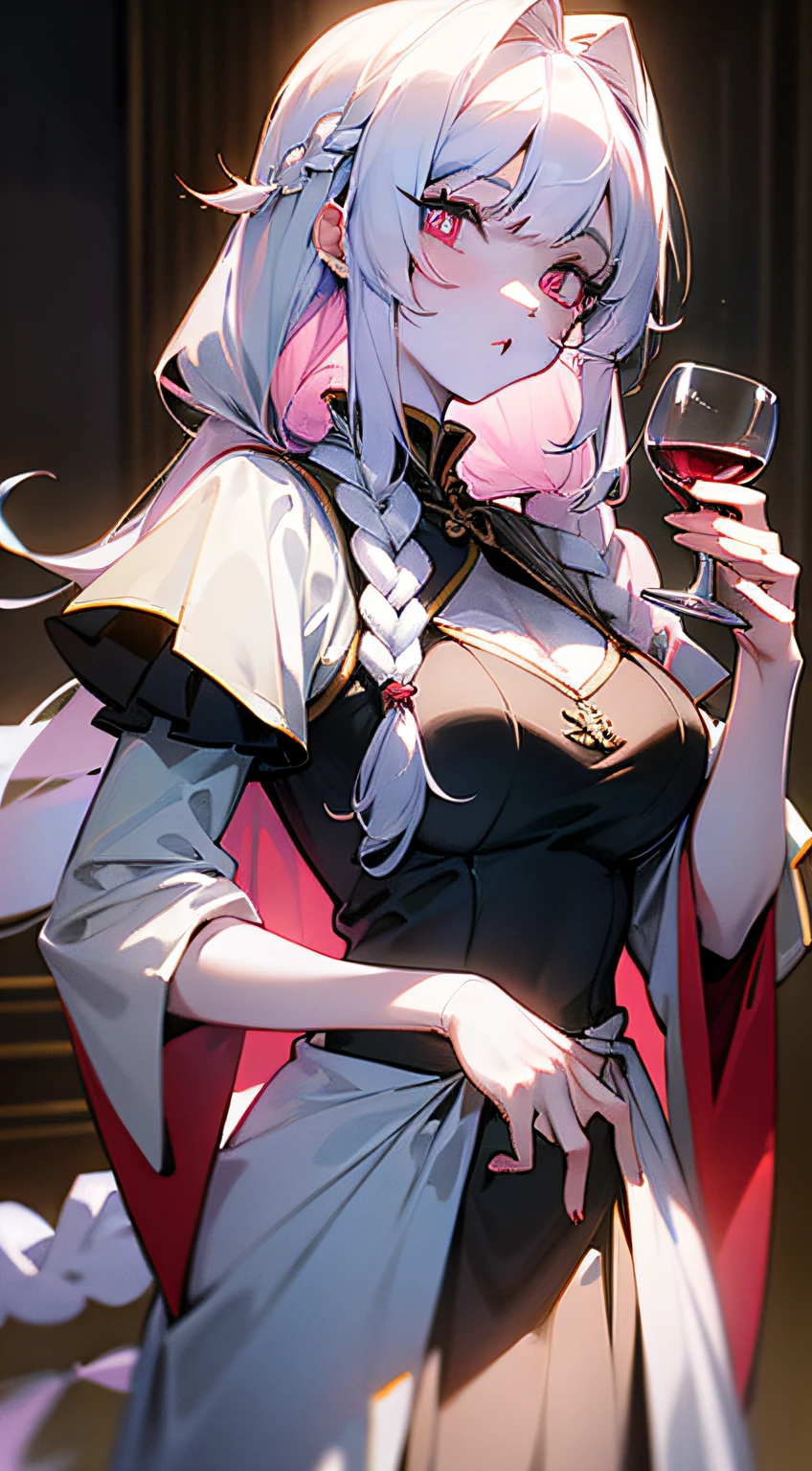 Imperial sister dress white braid Face up White skin Anime Best masterpiece Gao Leng Holding a goblet The goblet is filled with red wine Pure eyes Wearing beautiful pupils