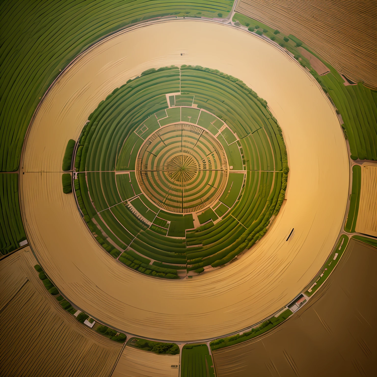 sorghum,View of sorghum fields,Circular clearing in the middle,aerial view top down,photograph from above, seen from straight above, shot from above, Aerial color