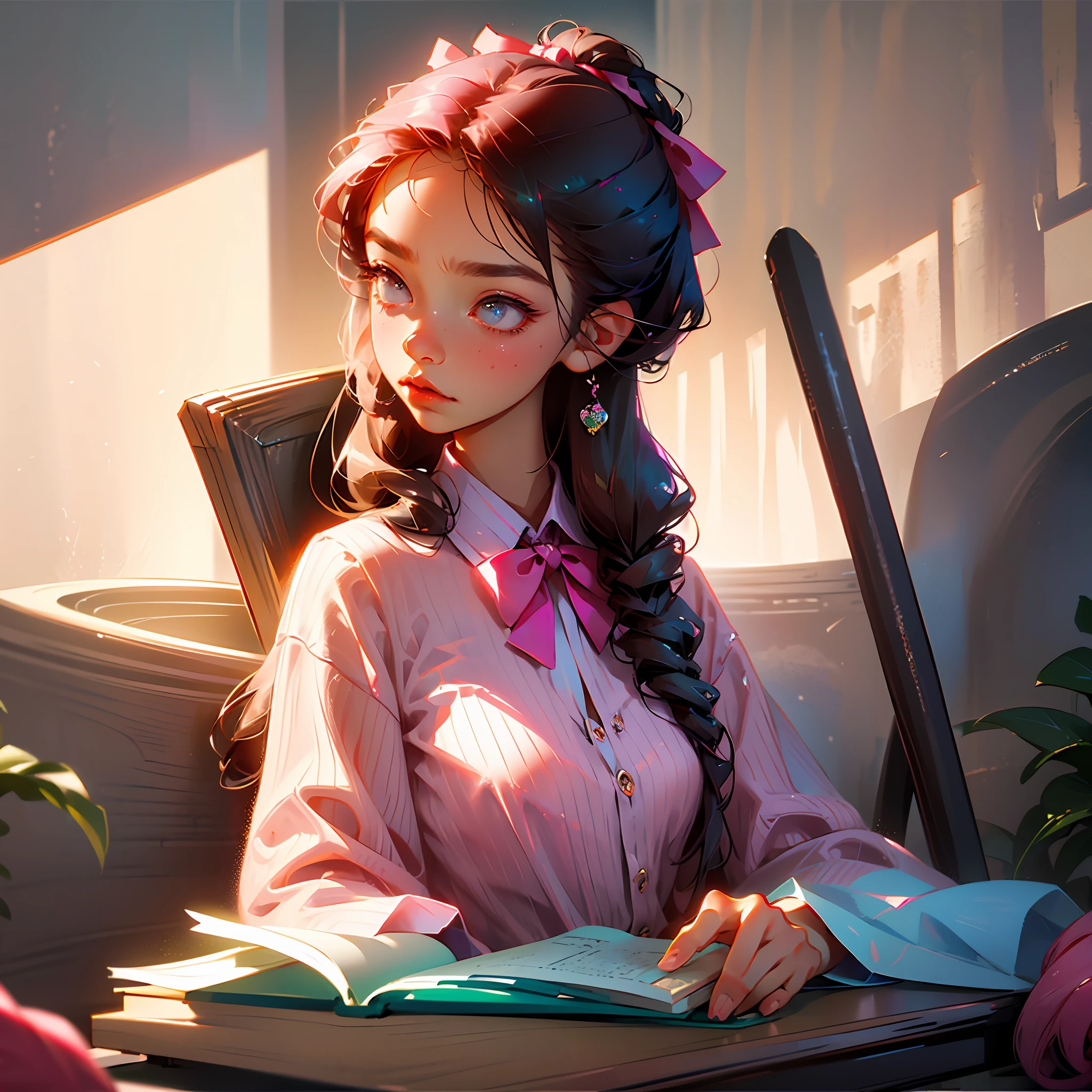 A girl with long gray hair holds a book in her hand，Look at the camera with a sad face，1 girl，Blushlush，Bow knot，hairbow，and Izumi yarn，long whitr hair，pyjamas，pink bows，Pink shirt，silber hair，solo，Stylus，teardrop --auto