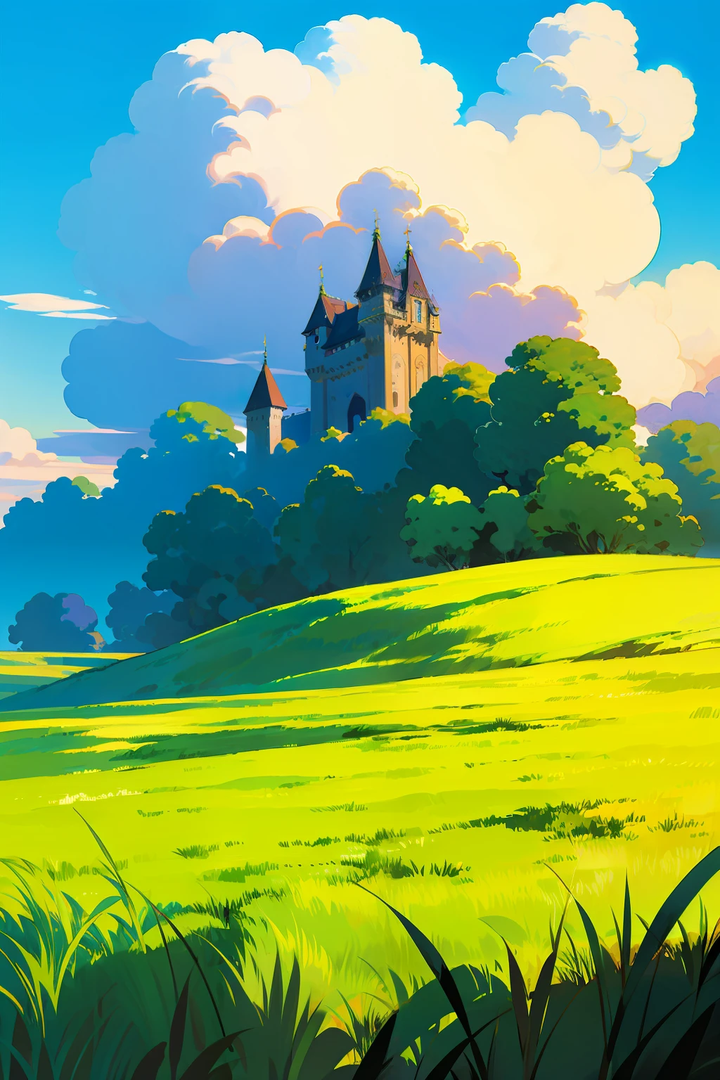 (high-quality, breathtaking), blue sky, sunshine, castle, grass, field