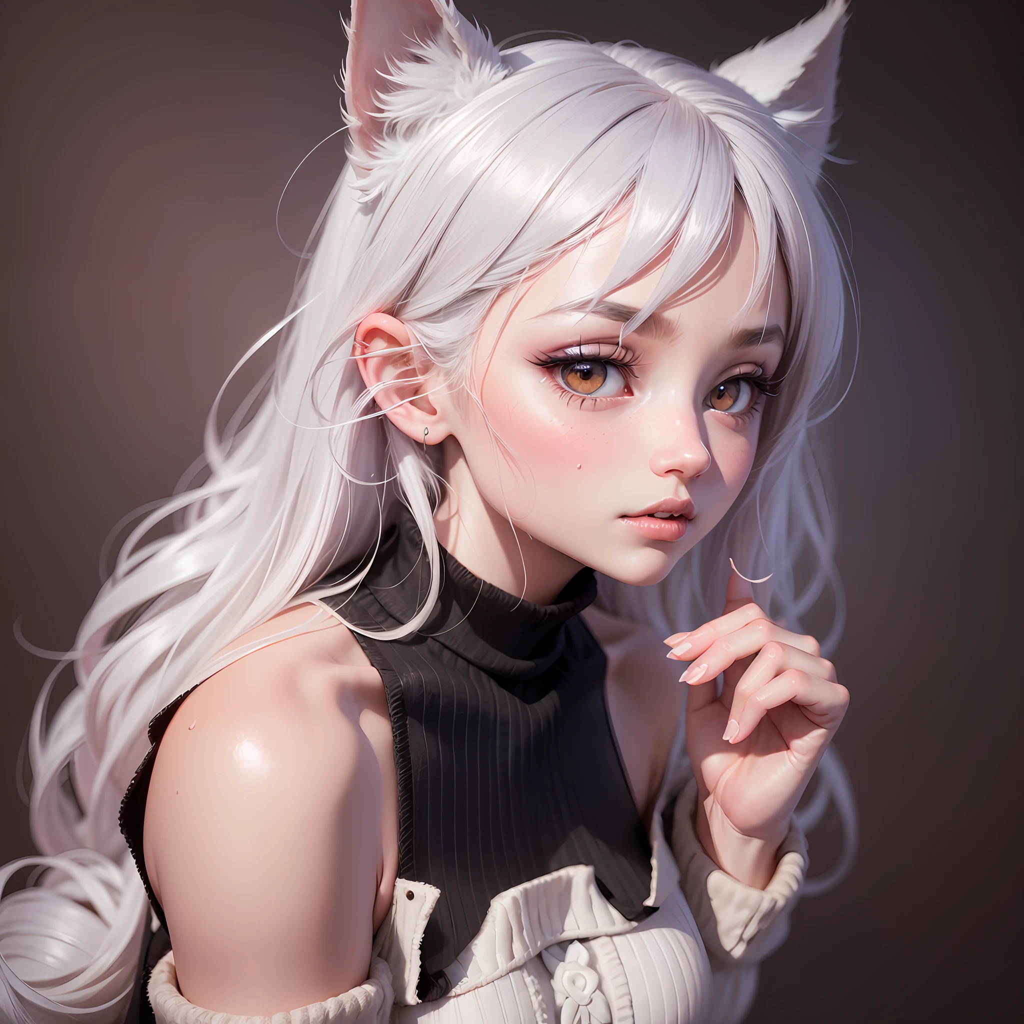3D girl，Black hair, hair bobbles, wince, long eyelasher, solid circle eyes, Fake animal ears, Ear blush, Fang, White hair, shadowing, anaglyph, stereograms, tachi-e, angle of view, Atmospheric perspective, Wide-angle, 8K, Super detail,Lovely face，Short sleeves in white，Blue pupil ccurate --auto