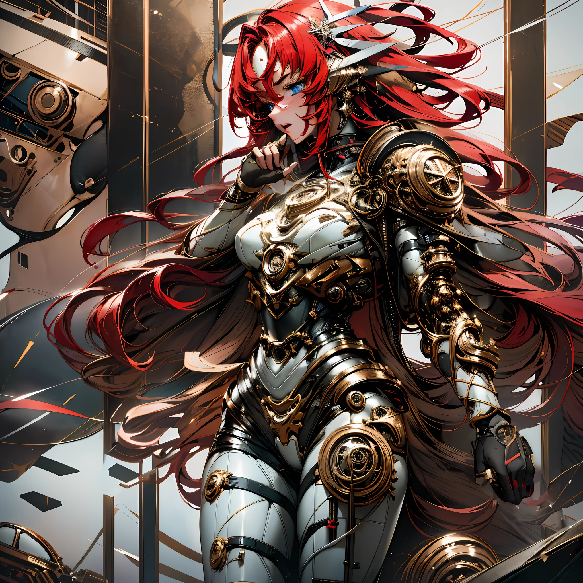 Anime characters with red hair and armor standing in front of the bell tower, Mechanized Valkyrie girl, Armor Girl, Kushatt Krenz Key Art Women, perfect anime cyborg woman, redhead queen in heavy red armor, cyborg noble woman, Best anime 4k konachan wallpaper, like lady mechanika, girl in mecha cyber armor, anime robots