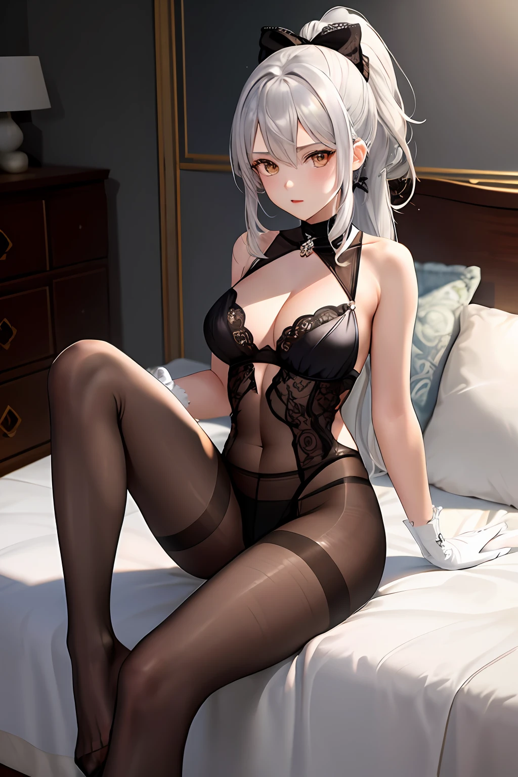 (((1 girl)),ray tracing,(dim lighting),[detailed background (bedroom)),((silver hair)),((silver hair)),(Fluffy silver hair, plump and slim girl))) with high ponytail))) Avoid golden eyes in the ominous bedroom (((girl wears intricately embroidered black high-waisted pants with pantyhose) and white ruffled bow gloves), showing a delicate slender figure and graceful curves, correct limbs, open legs, Sit on the bed
