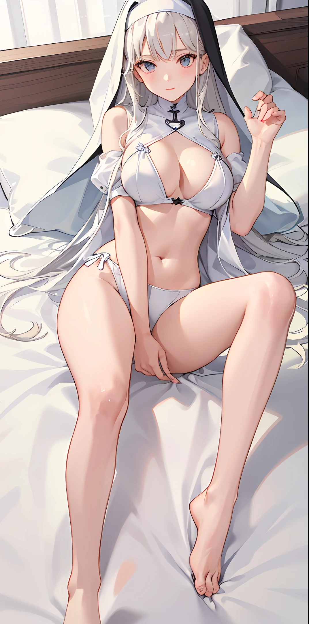 lewd nun,White-haired anime,cropped shoulders,鎖骨,Bare legged,Bare legged,long whitr hair,soio,Without a hat,Lie down in bed,kneesup,White top,nabel,Large breasts,spreads her legs apart,12k,The skin is delicate and smooth,Fingers look good,Veel,