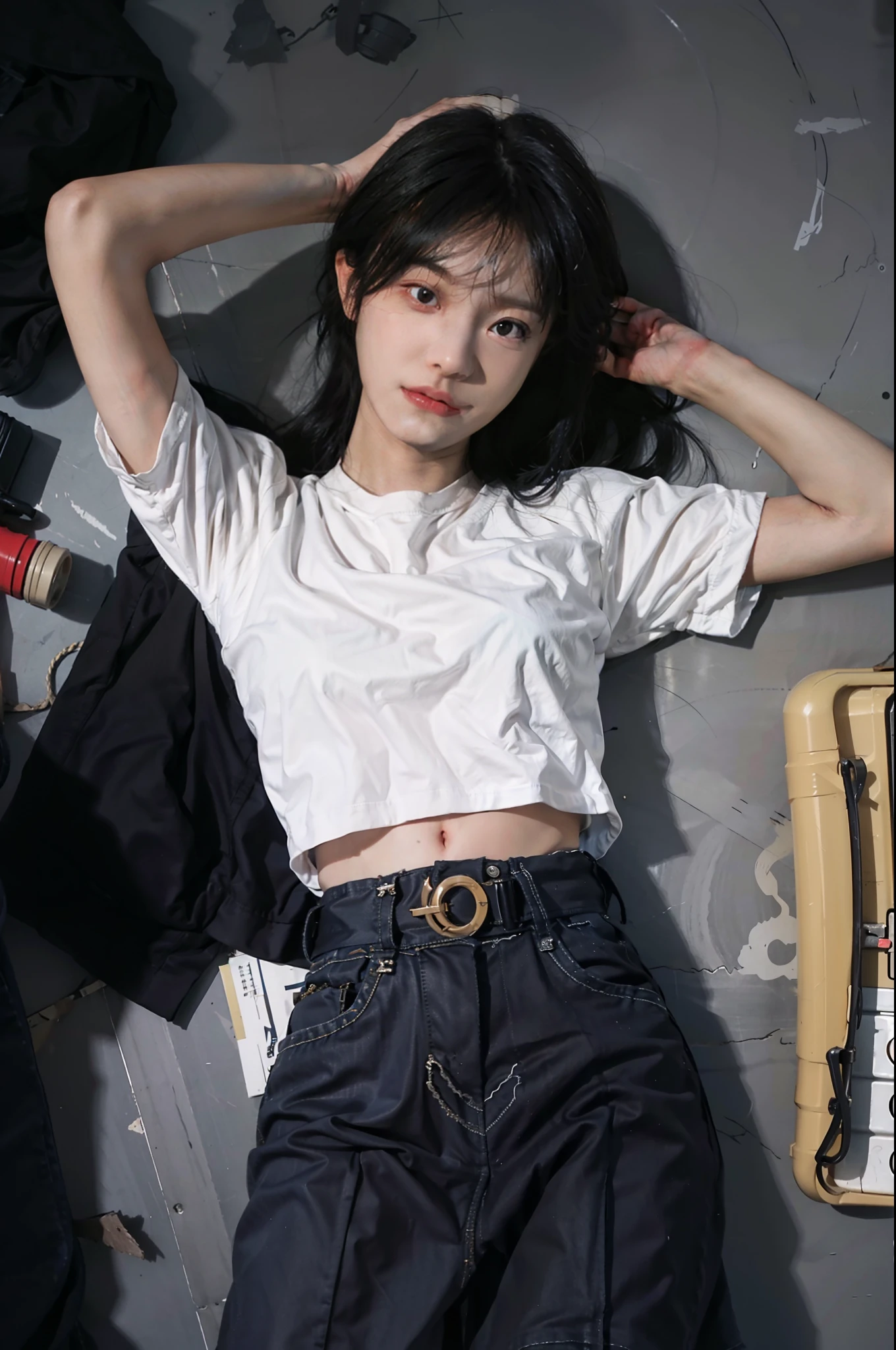 Girl in white bra and tight denim skirt posing for photo, full body, with cropped T-shirt, bra, slim body, smaller bust, slim girl model, 24-year-old female model, lying on the construction site, a group of black men onlooking