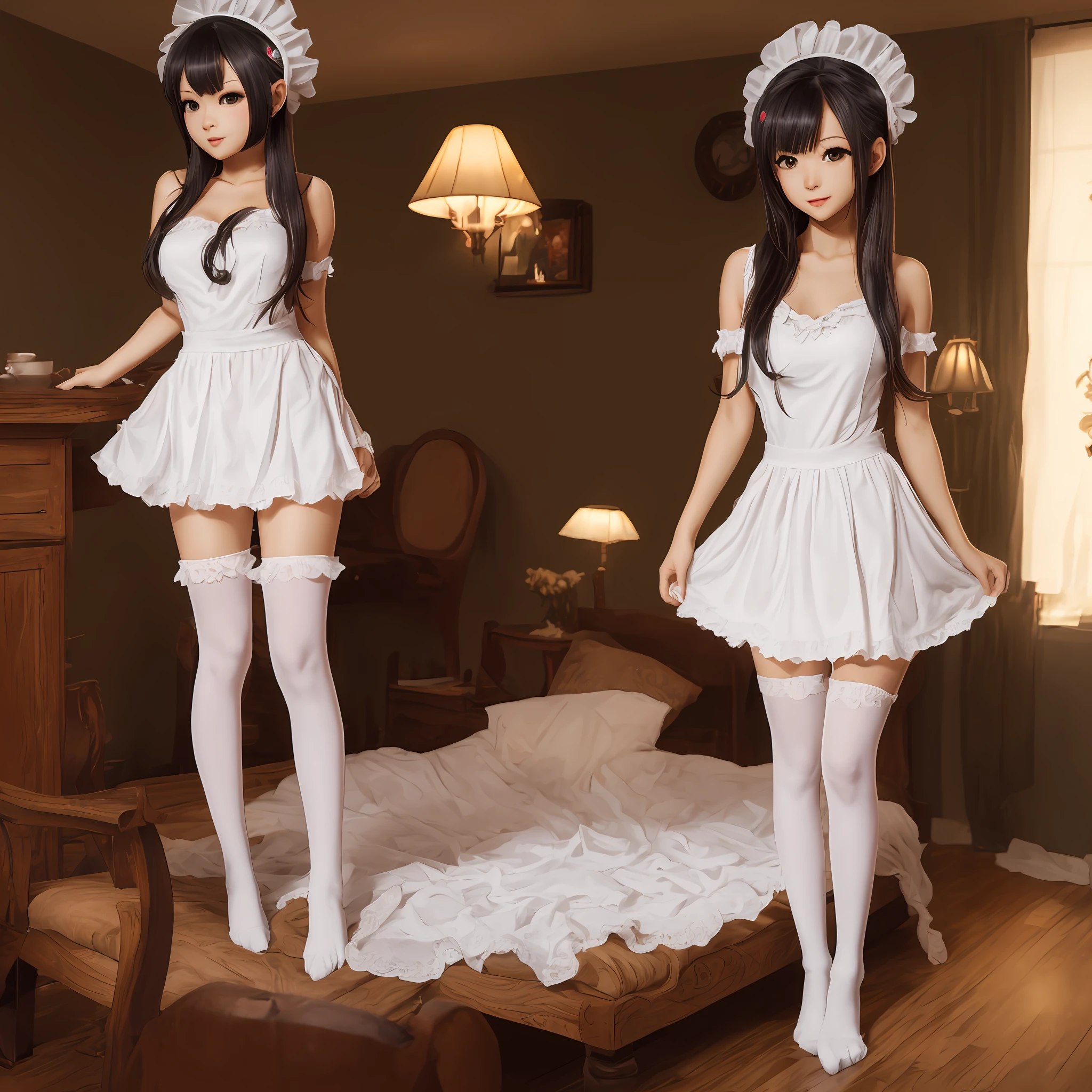 4k，Naked maid outfit，black over-the-knee socks，Meticulous faces，perfect body figure，long whitr hair，whaite hair，Whole body，Being in the room --auto