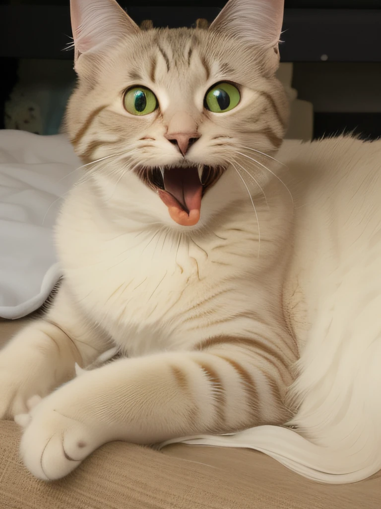 There was a cat yawning while lying down, screaming at the camera, he is screaming, Very excited, Screaming. Not realistic, happy with his mouth open, excited, Happy cat,looks surprised, shocked, funny cat, Surprised, very silly looking, Very surprised, All overly excited, screaming into air --auto
