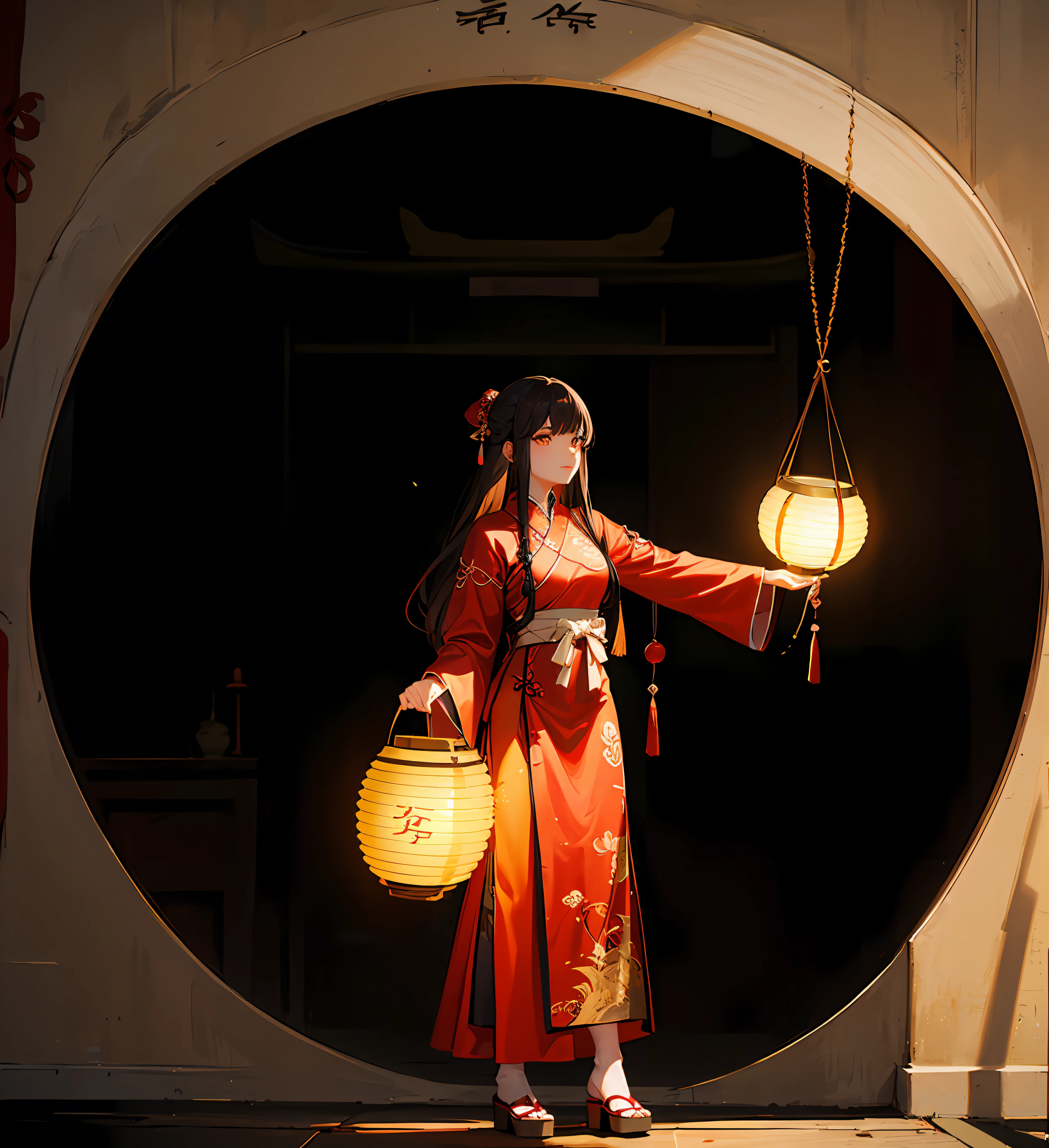 Scary atmosphere,An Alafi woman in a long dress holds a yellow lantern, girl under lantern, holding a lantern, Hanfu, temple, A girl in Hanfu, red color Hanfu, evening lanterns, Lantern light, Wearing ancient Chinese clothes, Red Chinese traditional clothing, with acient chinese clothes, Chinese style, dim lantern, warm lantern lighting, Chinese woman, a woman holding an orb