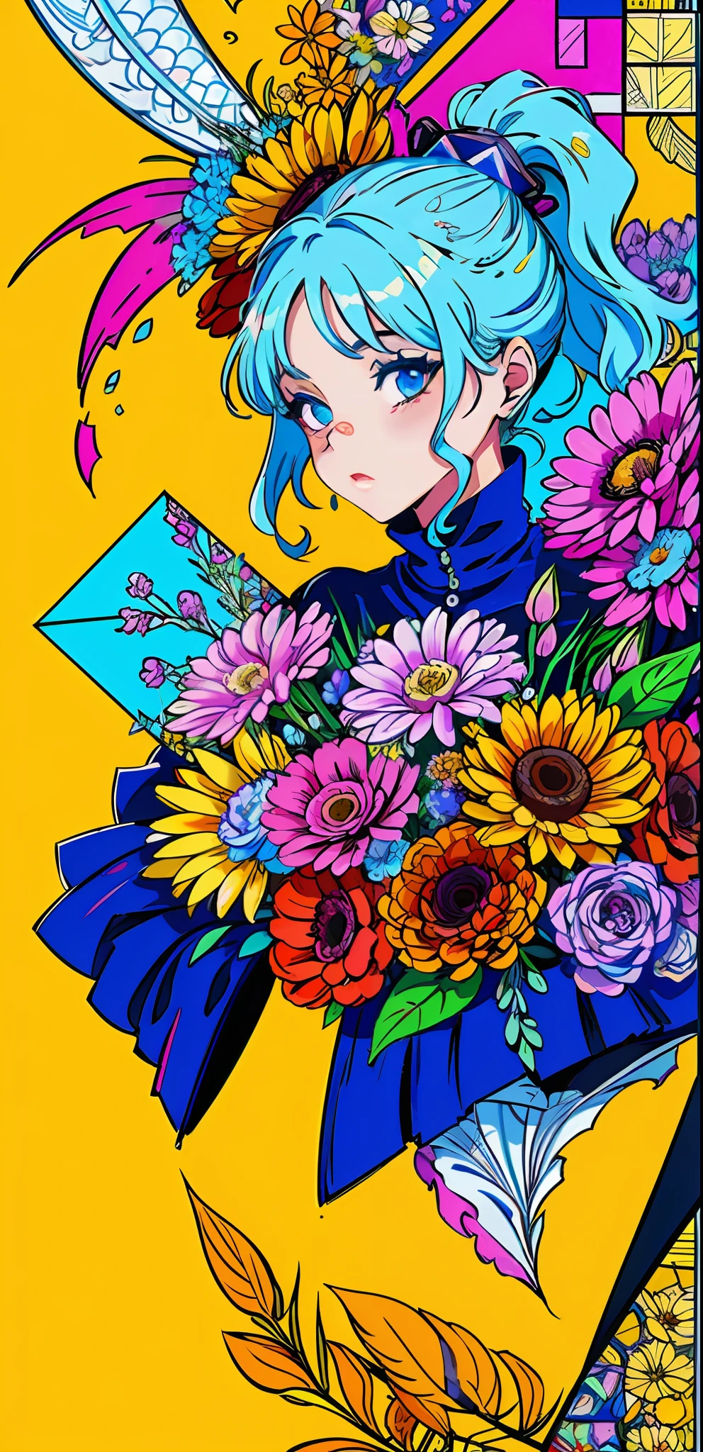 (ultra-detailed background, detailed background), absurdres, highres, ultra detailed, extremly detailed, 1girl, (bunch of flowers:1.3), (zentangle:1.2), (geometric:1.2),(colorful),