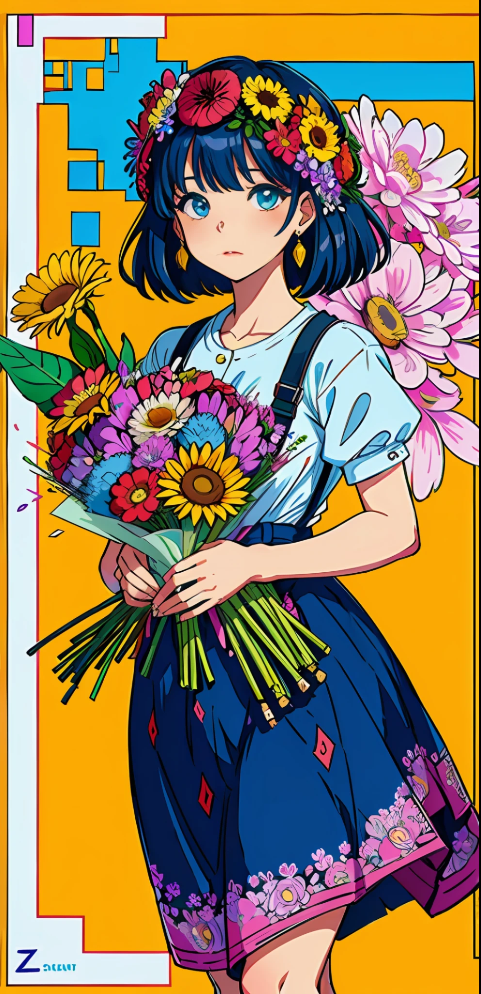 (ultra-detailed background, detailed background), absurdres, highres, ultra detailed, extremly detailed, 1girl, (bunch of flowers:1.3), (zentangle:1.2), (geometric:1.2),(colorful),