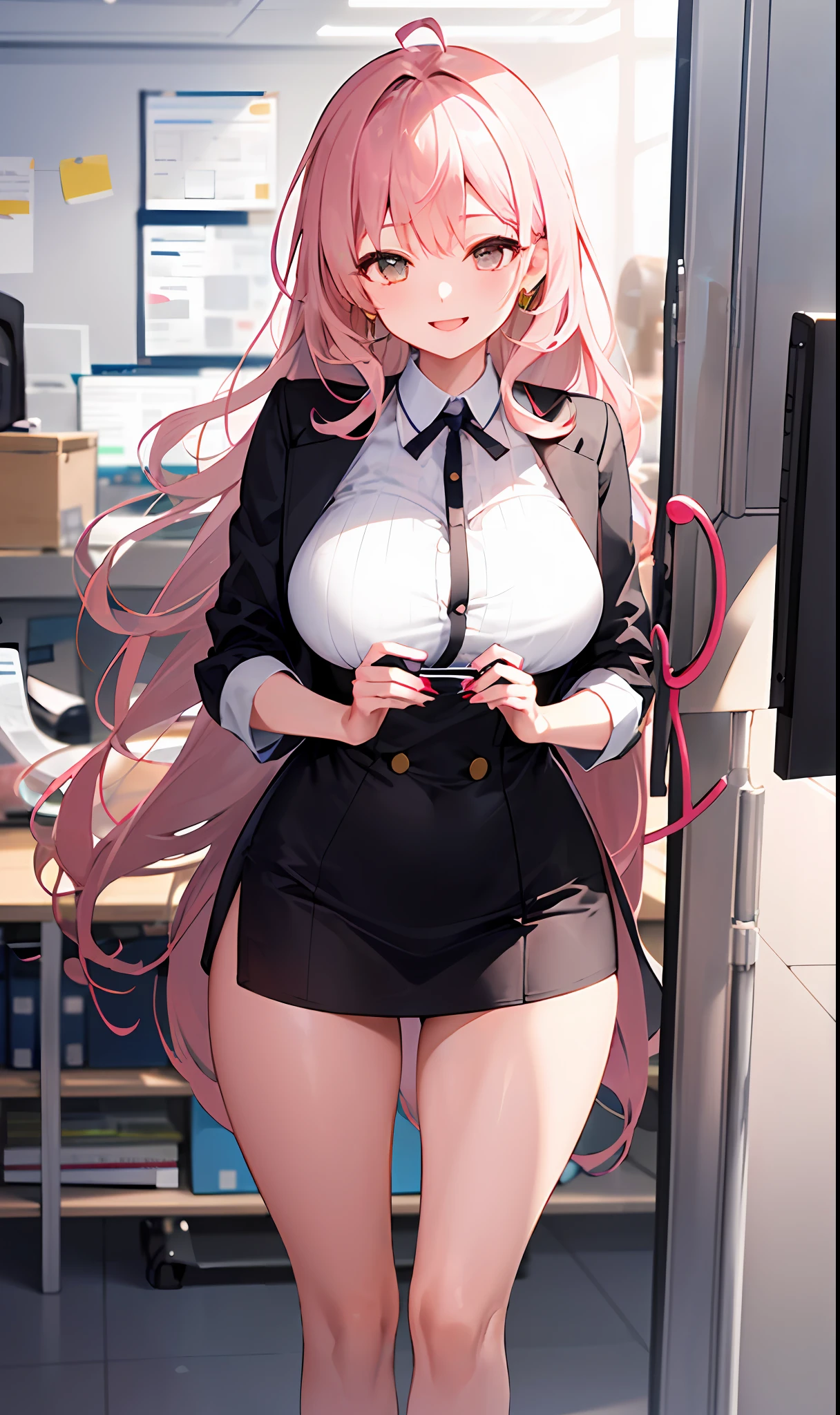 ((masterpiece, best)),(1girl),((mature woman)), light pink hair, dizzy, trumpet, ((office lady)), bangs, mid-chest, (full), slim, smiling, [wide hips] ,office,standing, aru \(blue archive\),