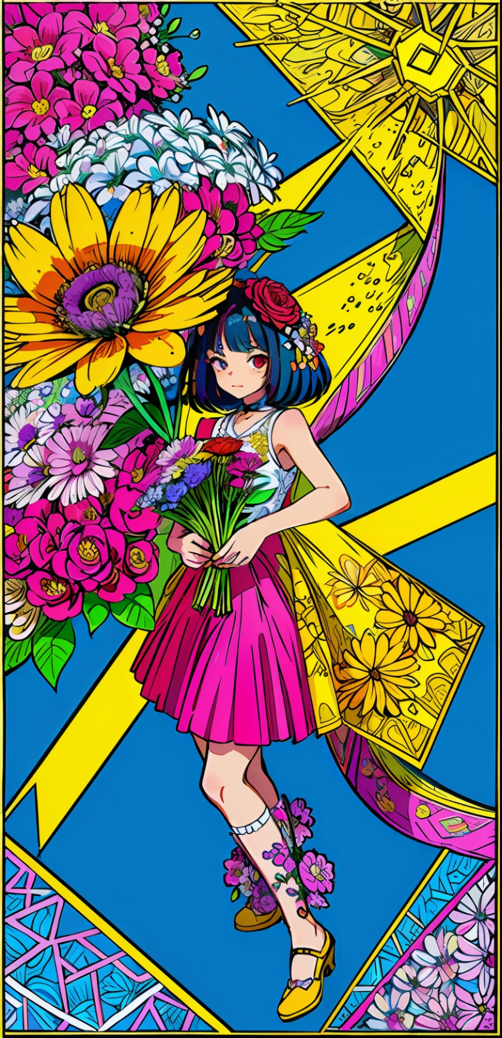 (ultra-detailed background, detailed background), absurdres, highres, ultra detailed, extremly detailed, 1girl, (bunch of flowers:1.3), (zentangle:1.2), (geometric:1.2),(colorful),
