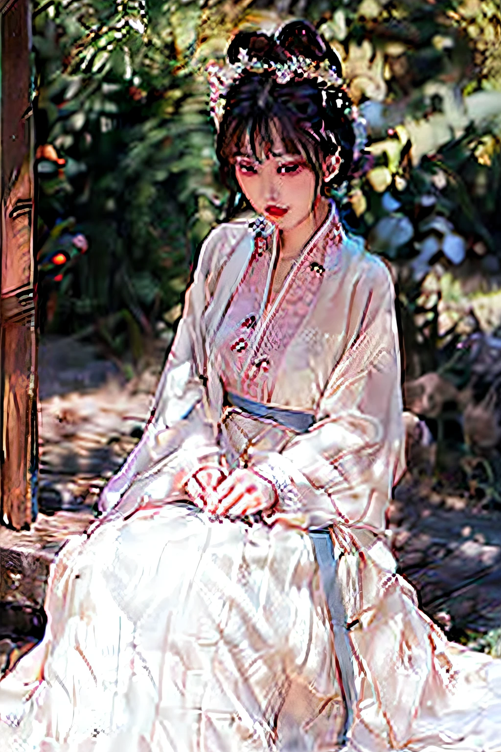 Very detailed CG unity 8k wallpaper, (masterpiece), (best quality), (ultra detailed), (ultra realistic), (best character detail: 1.36), nikon d750 f/1.4 55mm, dynamic angles, professional lighting, Photon mapping, radiosity, physically based rendering, outdoors, busy street, looking at viewer, blushing, 1girl, mature woman, mature woman, tall body, golden ratio,(Kpop idol),(oil skin:1.2),( Oil skin:1.1), makeup,[:(high detailed face:1.2):0.2]:,PureErosFace_v1, ((curly gray hair and delicate style)),(aegyo sal:1),(puffy eyes),( Eyelashes: 1.1), (lips: 1.1), red lipstick, wide shoulders, (mid chest: 1.1), (cleavage: 1.1), animal ears, (big butt: 1.2), thighs, silk coat, Song Dynasty, Song Dynasty, Song suit