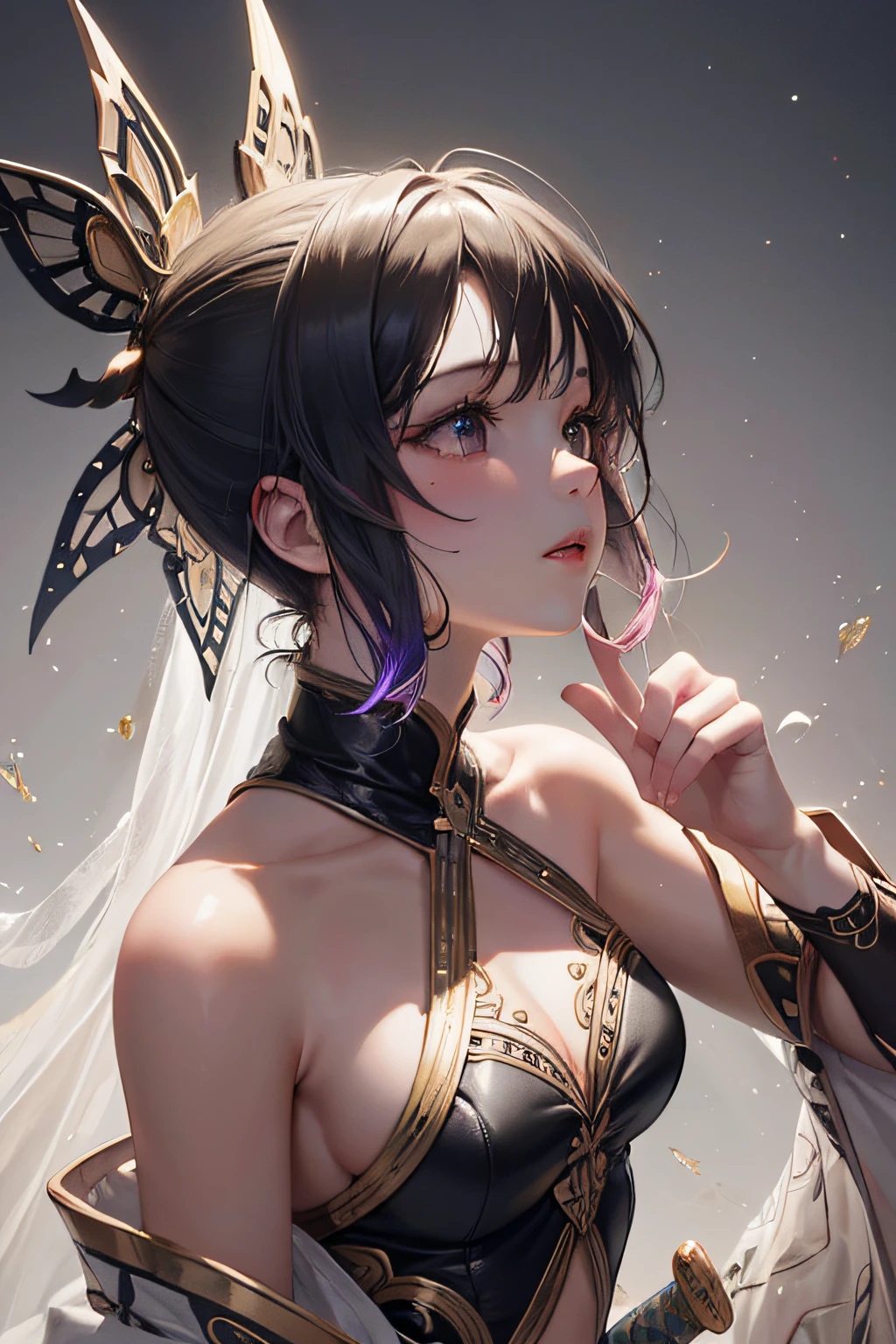 Girl with a sword evening(clouds:1.2)、mountain in the distance、Here at Blake Production Art、lot of purple and orange、intricate detailes、Volumetric lighting、Realism Break (masterpiece:1.2), Detail Shadows, (Top image quality), 4K, The ultra-detailliert, (dynamic compositions:1.4), high detailing, Colorful Detailed,( Irridescent color:1.2), (Glowing lighting, Atmosphere Lighting), dream-like, Magical, (独奏:1.2)(masterpiece、top-quality、top-quality、Official art、Beautifully Aesthetic:1.2)、(1girl in)、Extreme details、colourfull、highestdetailed、Official art、Unity 8k壁纸、ultra-detailliert、Beautifully Aesthetic、Beautiful fece、masterpiece、top-quality、(Zentangle、a Mandala、Tangles、Entanglement)、Holy Light、gold foil、Gold leaf art、glitter drawing、PerfectNwsjMajmagic