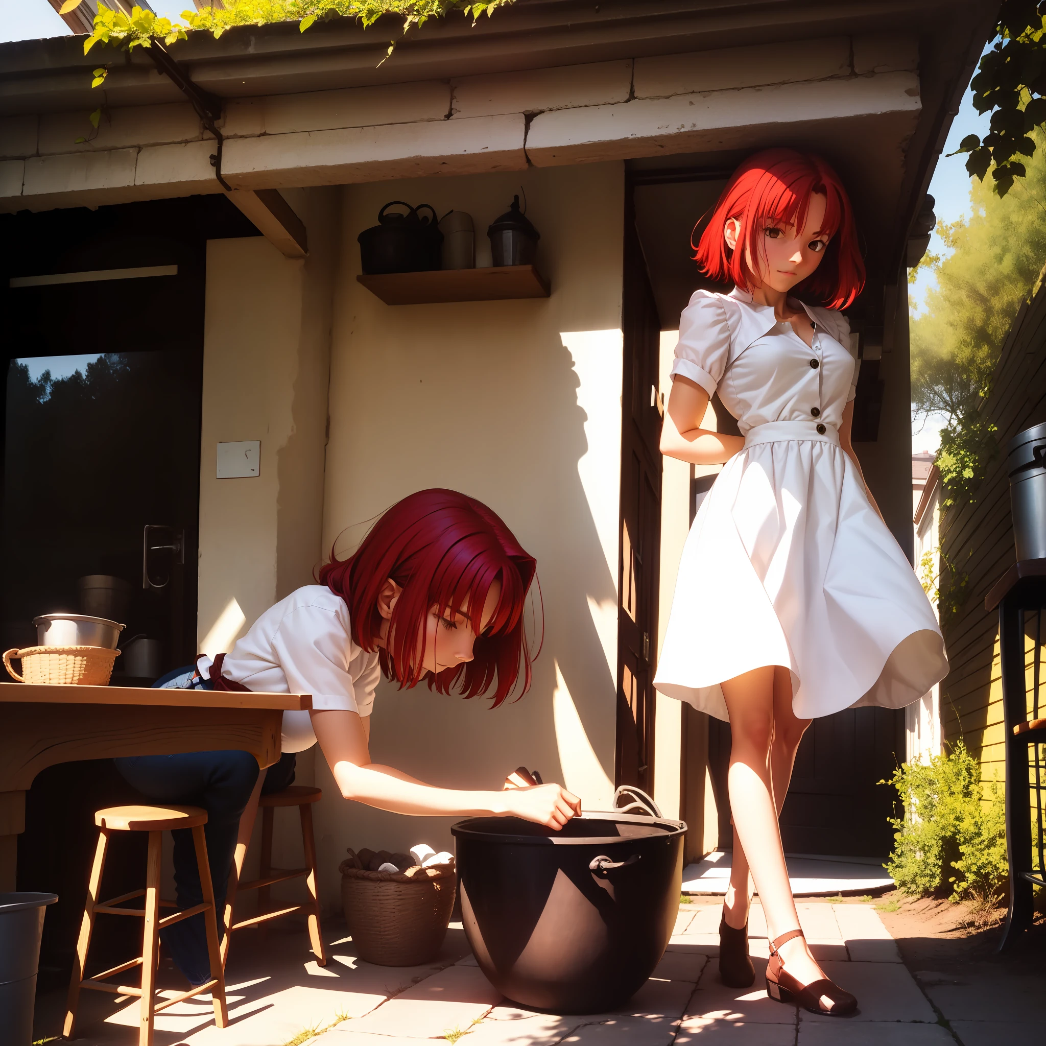 1girl, red hair, stepping on stool, sunny, outside, masterpiece, high quality