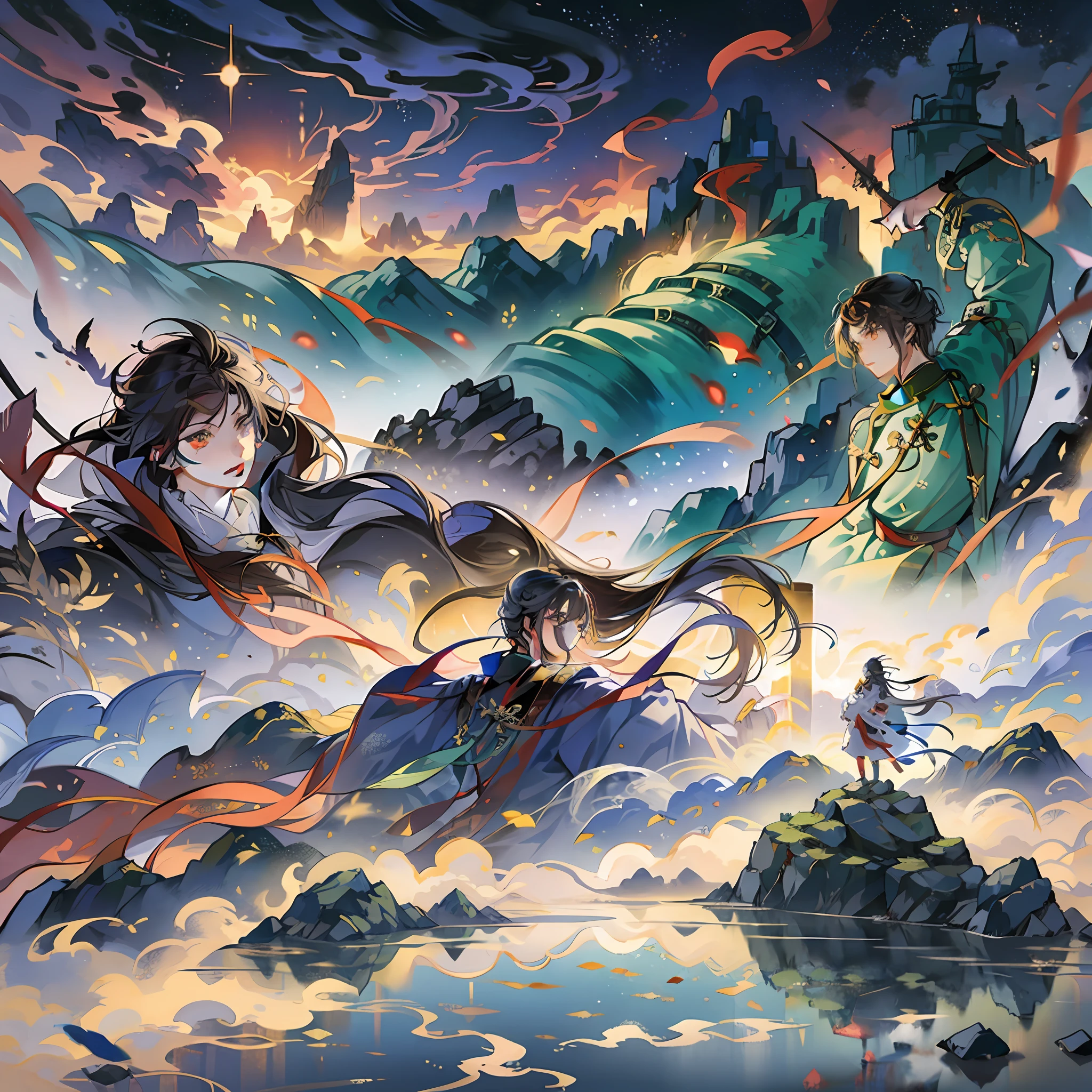 Anime characters fly over a mountain,The background is a castle, Anime fantasy illustration, Anime fantasy artwork, Anime epic artwork, Chinese fantasy, by Yang J, A beautiful artwork illustration, high detailed official artwork, beautiful fantasy anime, anime in fantasy style, author:Golden Farmer, 2. 5 D CGI anime fantasy artwork, xianxia fantasy, Fantasy art style