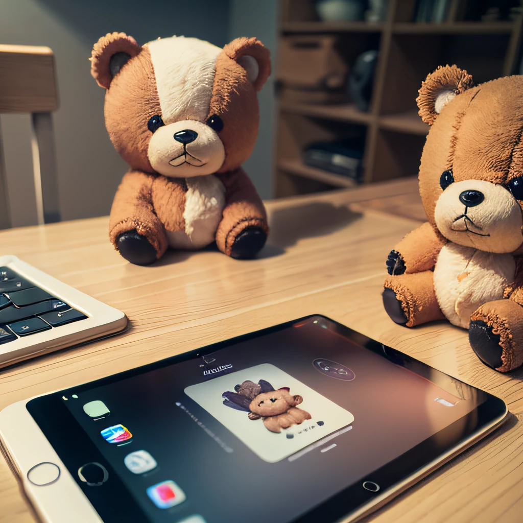 Several different Apple tablet products are arranged on a table。full device，There are bear dolls on the table