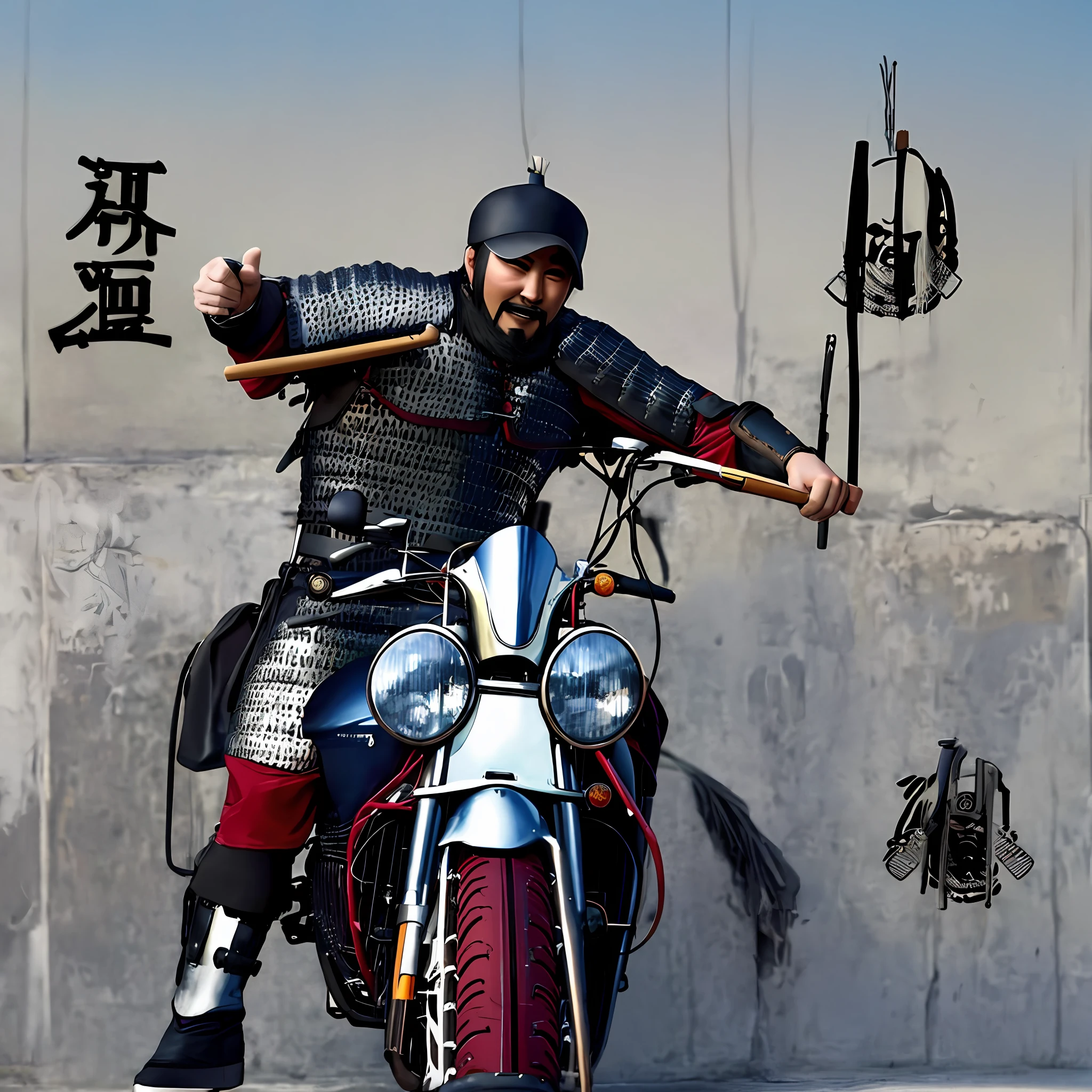 Guan Yu riding a motorcycle