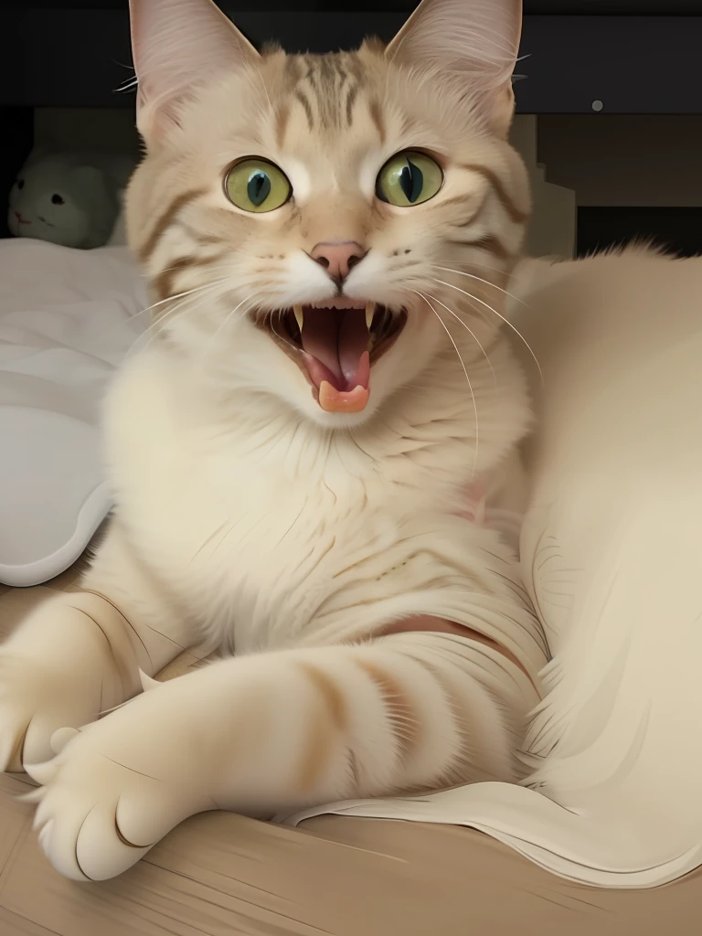 There was a cat yawning while lying down, screaming at the camera, he is screaming, Very excited, Screaming. Not realistic, happy with his mouth open, excited, Happy cat,looks surprised, shocked, funny cat, Surprised, very silly looking, Very surprised, All overly excited, screaming into air --auto