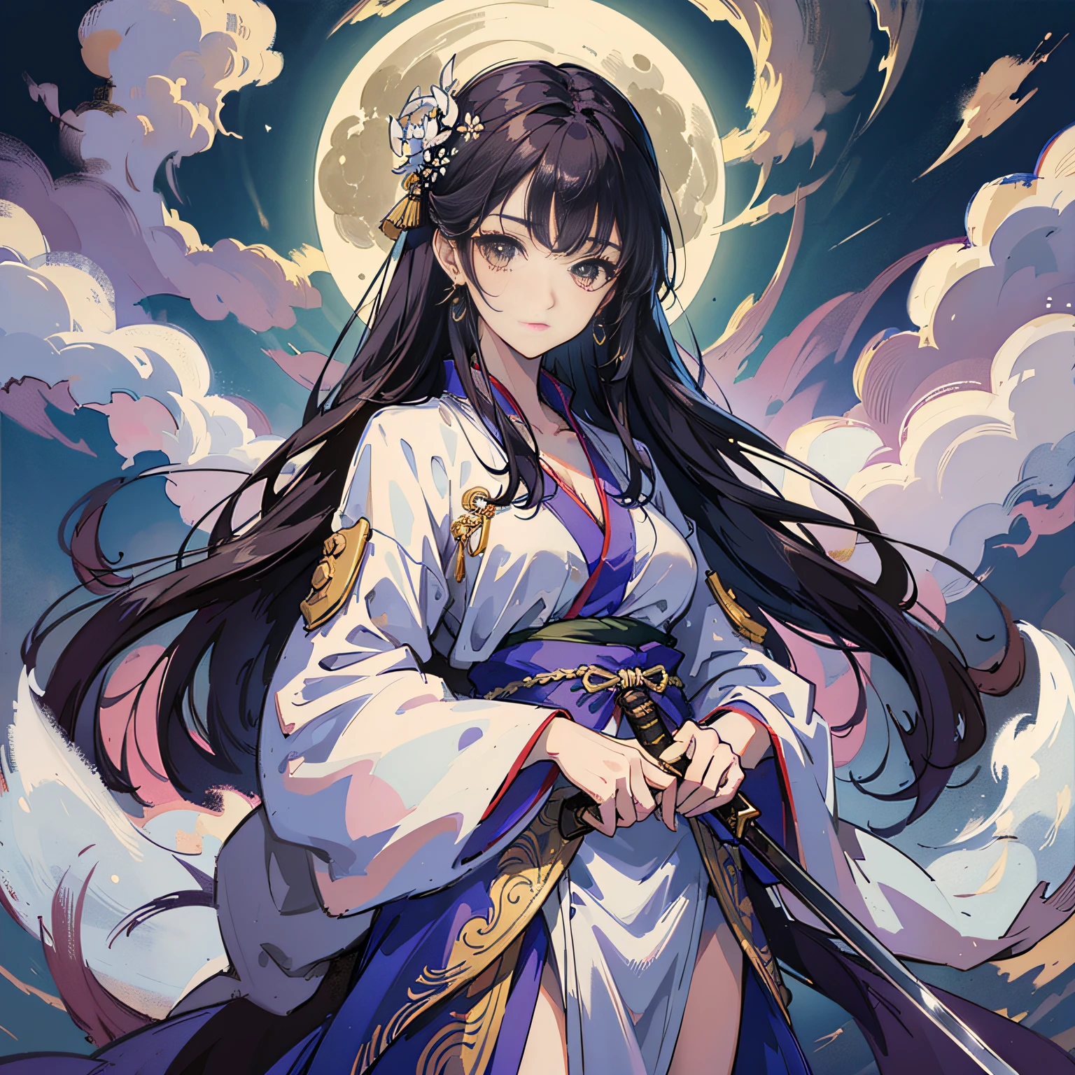 Kizi, Long navy blue hair,Straight hair over the waist,White dress long dress,Wear chests that do not expose and do not show a large area,standing on your feet,Hold the hair with your left hand --auto