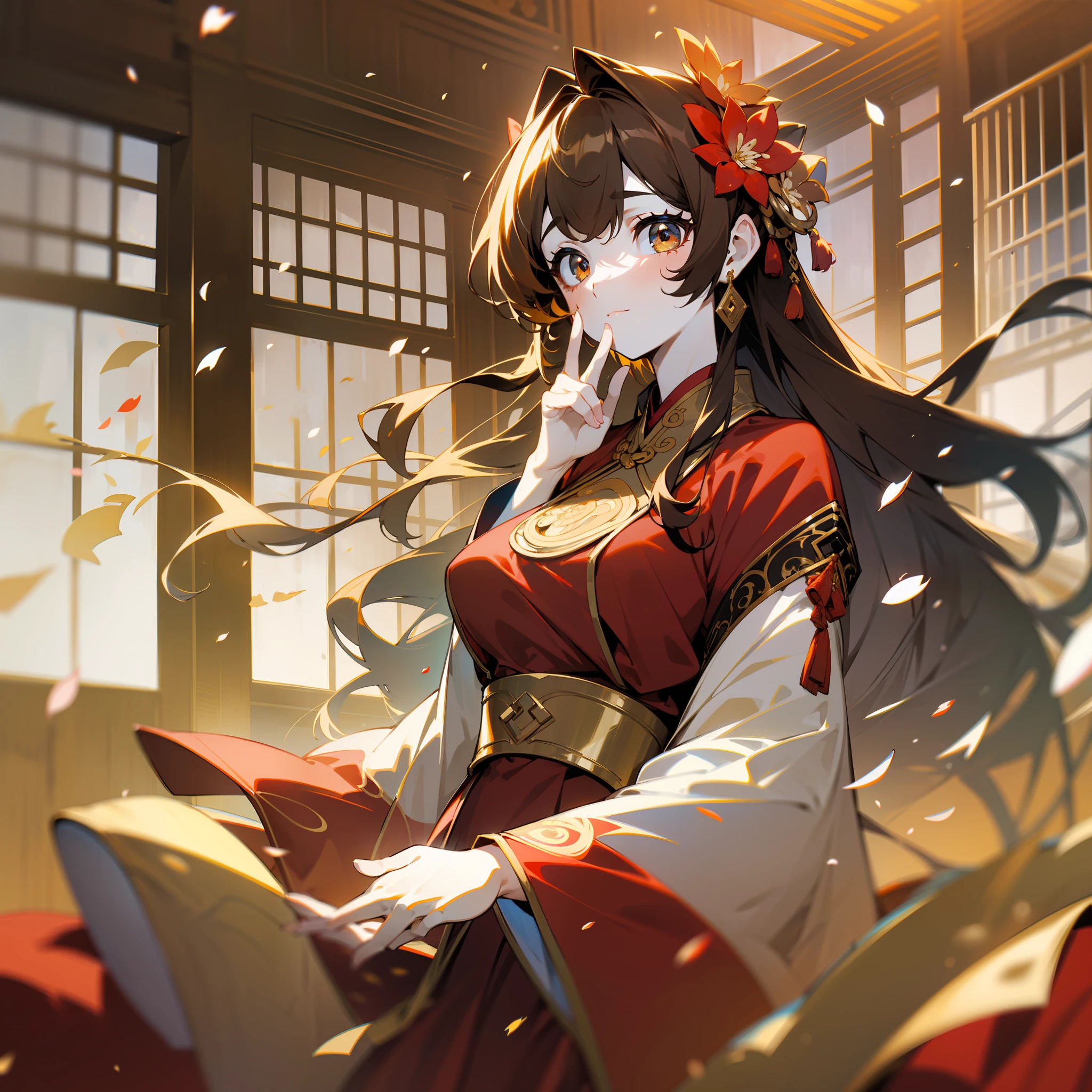 best quality, masterpiece, highres, (exquisite body:1.5),gorgeous face,(milky skin:1.3),intricate details,high resolution,wallpaper,
1girl, solo, dress, hair ornament, (((gold and red dress))), flowers, long hair, brown hair, closed mouth, jewelry, long sleeves, hand up, wide sleeves, big eyes,floating hair, chinese clothes, hanfu, embroidery, long skirt, natural pose, falling petals, indoor,fanning, lantern,
16K,HDR,highres,depth field,(film grain:1.1),boken,golden hour,(lens flare),vignette,rainbowing,(color grading:1.5)
