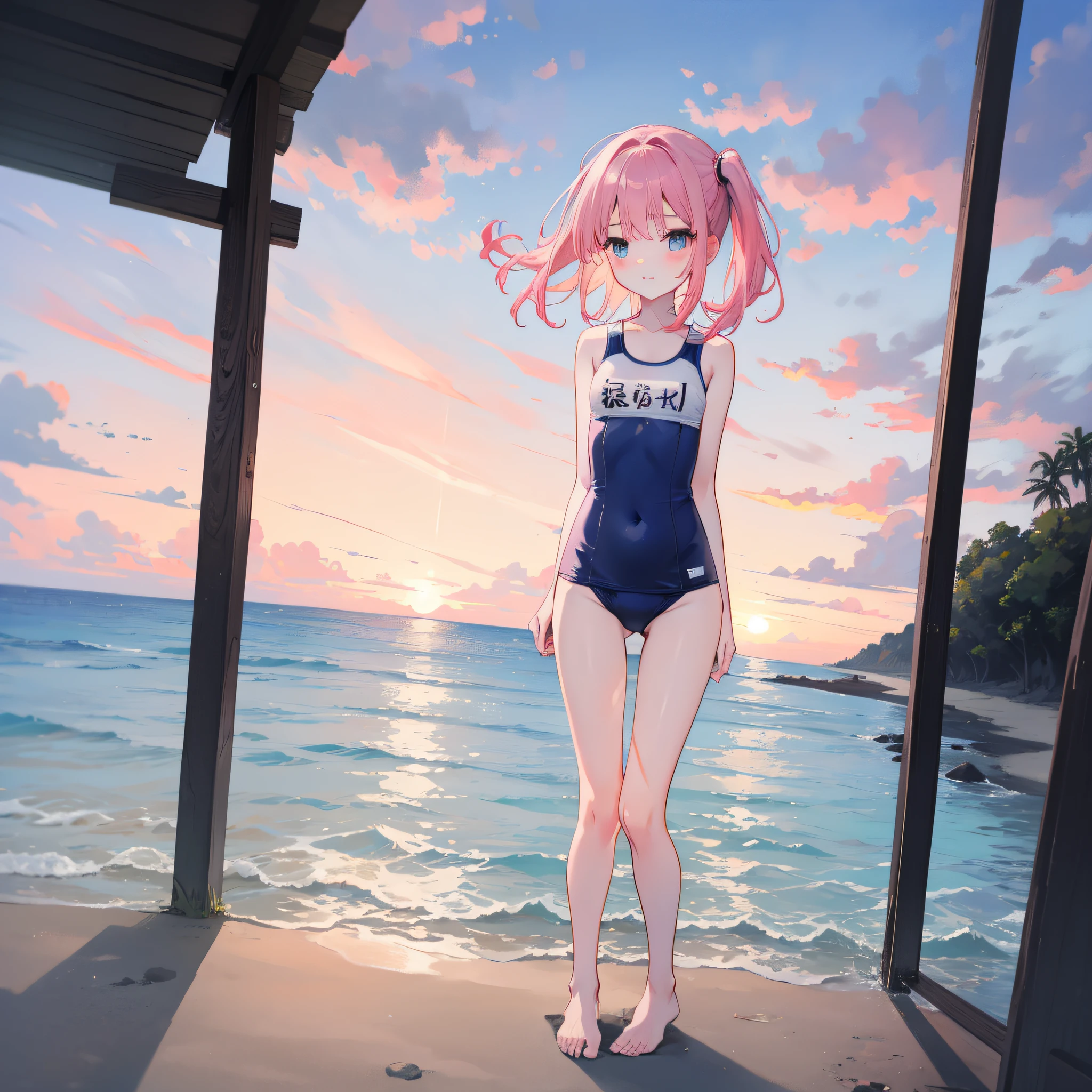 teens girl,A pink-haired,swimming uniform,Beach by the sea,the sunset,Light wind,Recife