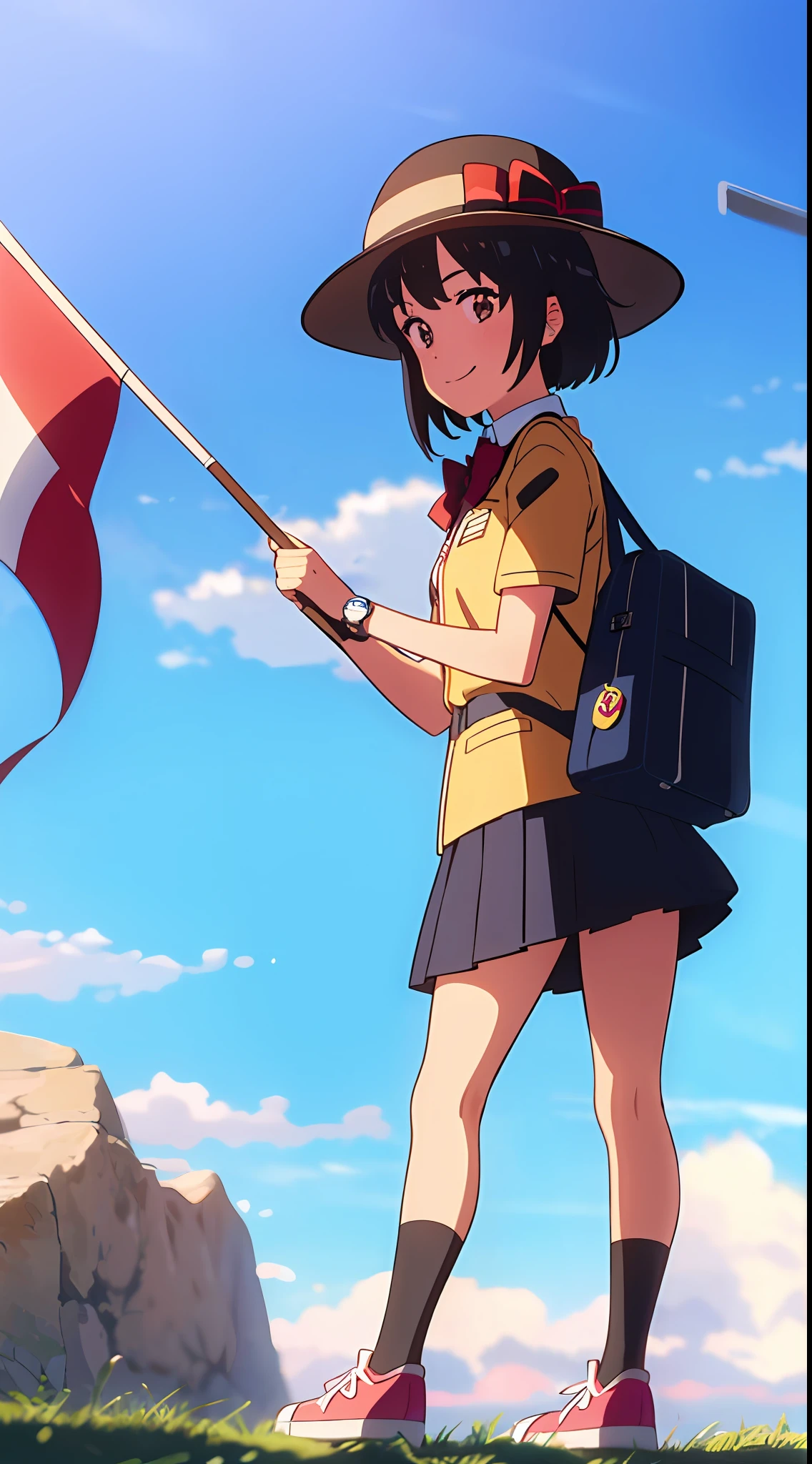 shinkai makoto, kimi no na wa., 1girl, bangs, black hair, blue sky, blush, brown eyes, cloud, collared shirt, headband, looking at the viewer, Negative Space, Outdoor, outside, bright, brown headband, brown ribbon, school, school uniform, scout, shirt, bonny hat, brown bonny hat, scout bonny hat, short hair, sky, smile, solo, women's watch, brown shirt, chocolate skirt, mid-socks, black socks, red sneakers, full body, flag, holding the flag