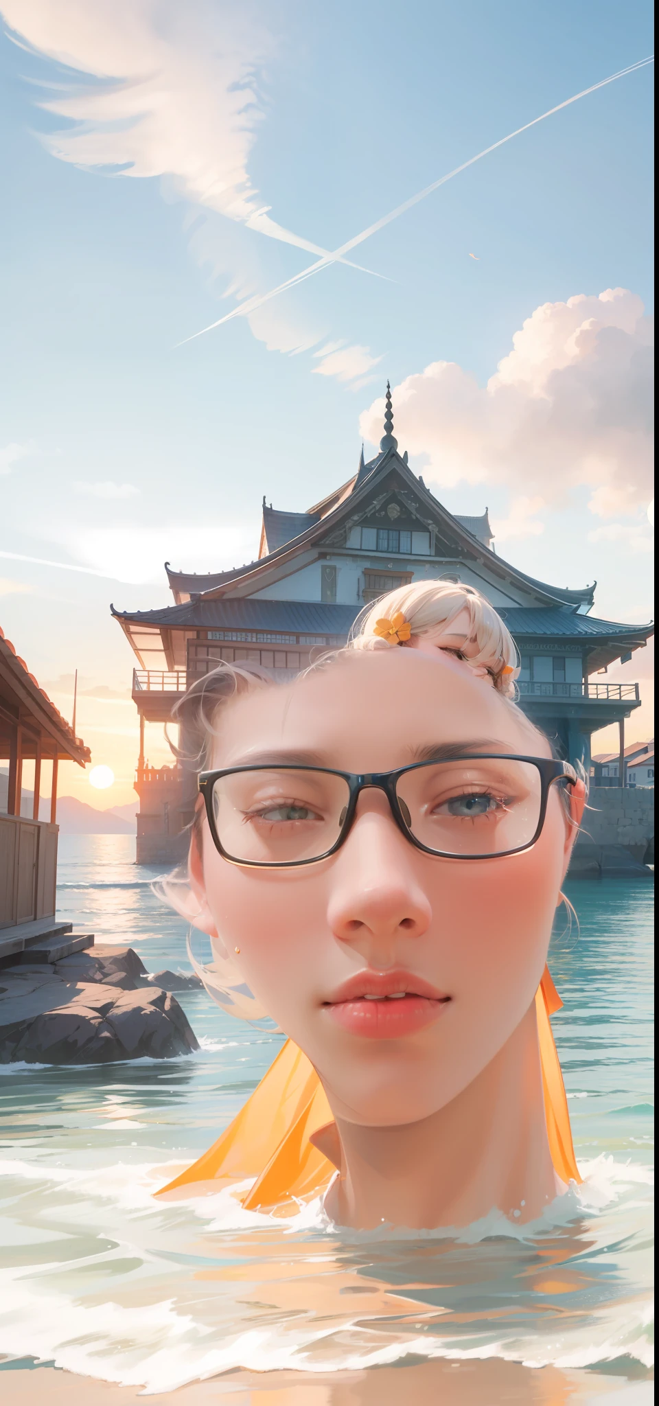 The sea is behind the boy,Orange and blue sea,The setting sun is about to sink into the water,It is surrounded by tall stone palaces,There are chandeliers that ride on fire,There was a lively and cheerful girl in front of the boy,The two dressed very coolly,tmasterpiece