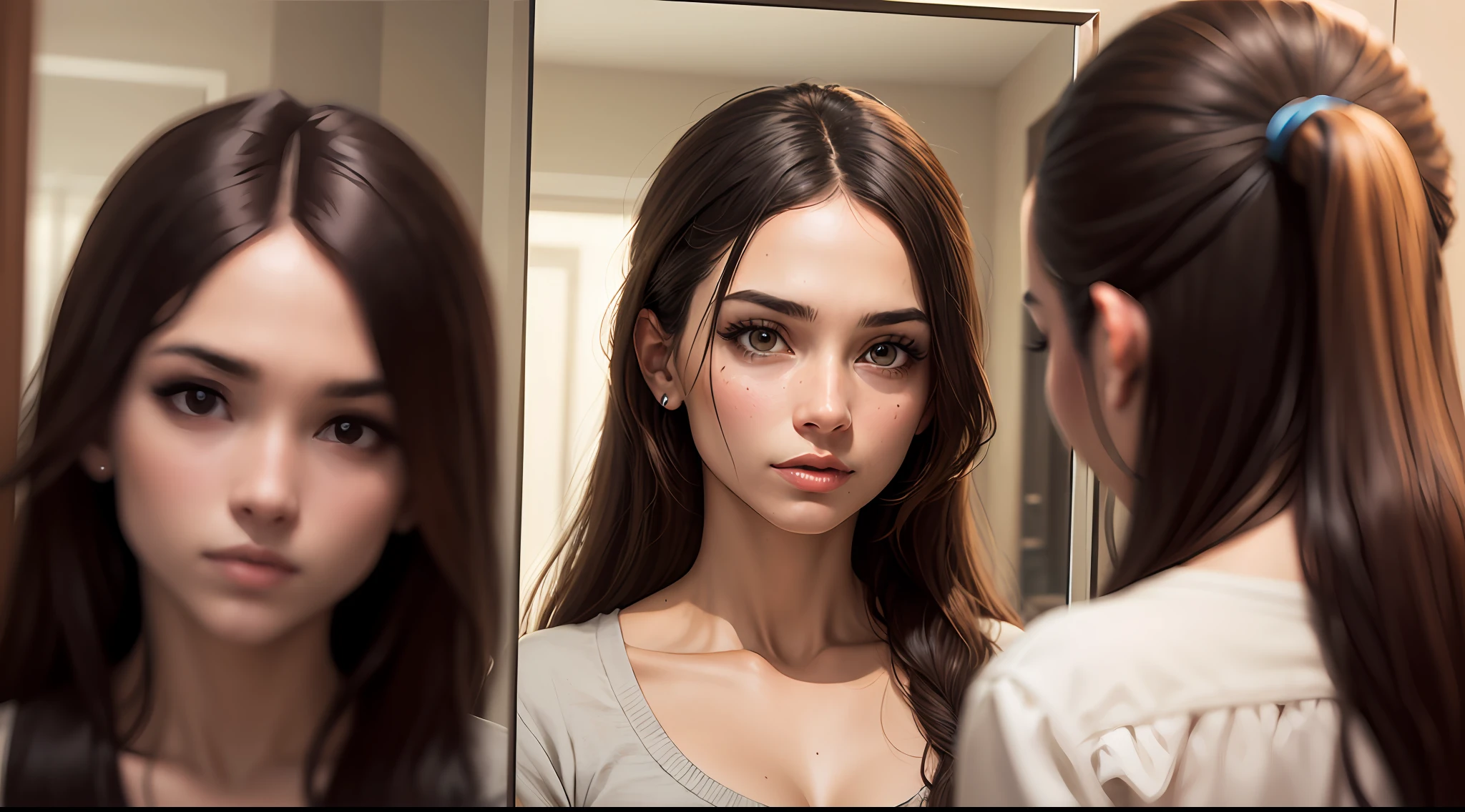 Realistic Brazilian woman as she is on real life (ugly) and as she sees herself in the mirror