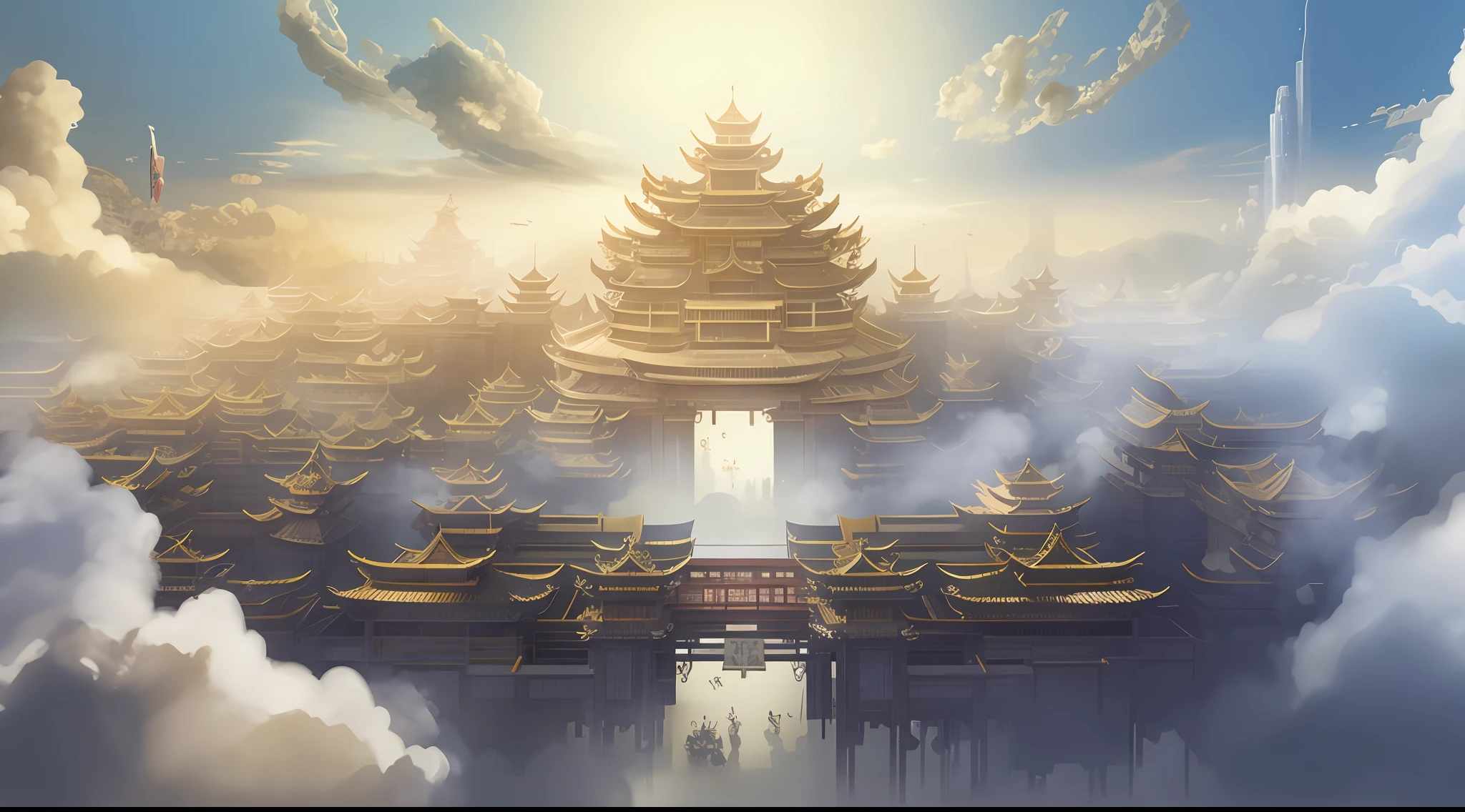 There is a picture of a building with clouds in the sky, by Yang J, G Liulian art style, Beautiful rendering of the Tang Dynasty, chengwei pan on artstation, cyberpunk chinese ancient castle, Rosla global lighting, by Ni Yuanlu, Temple background, Cloud Palace, Feng Zhu concept art, author：Qu Leilei