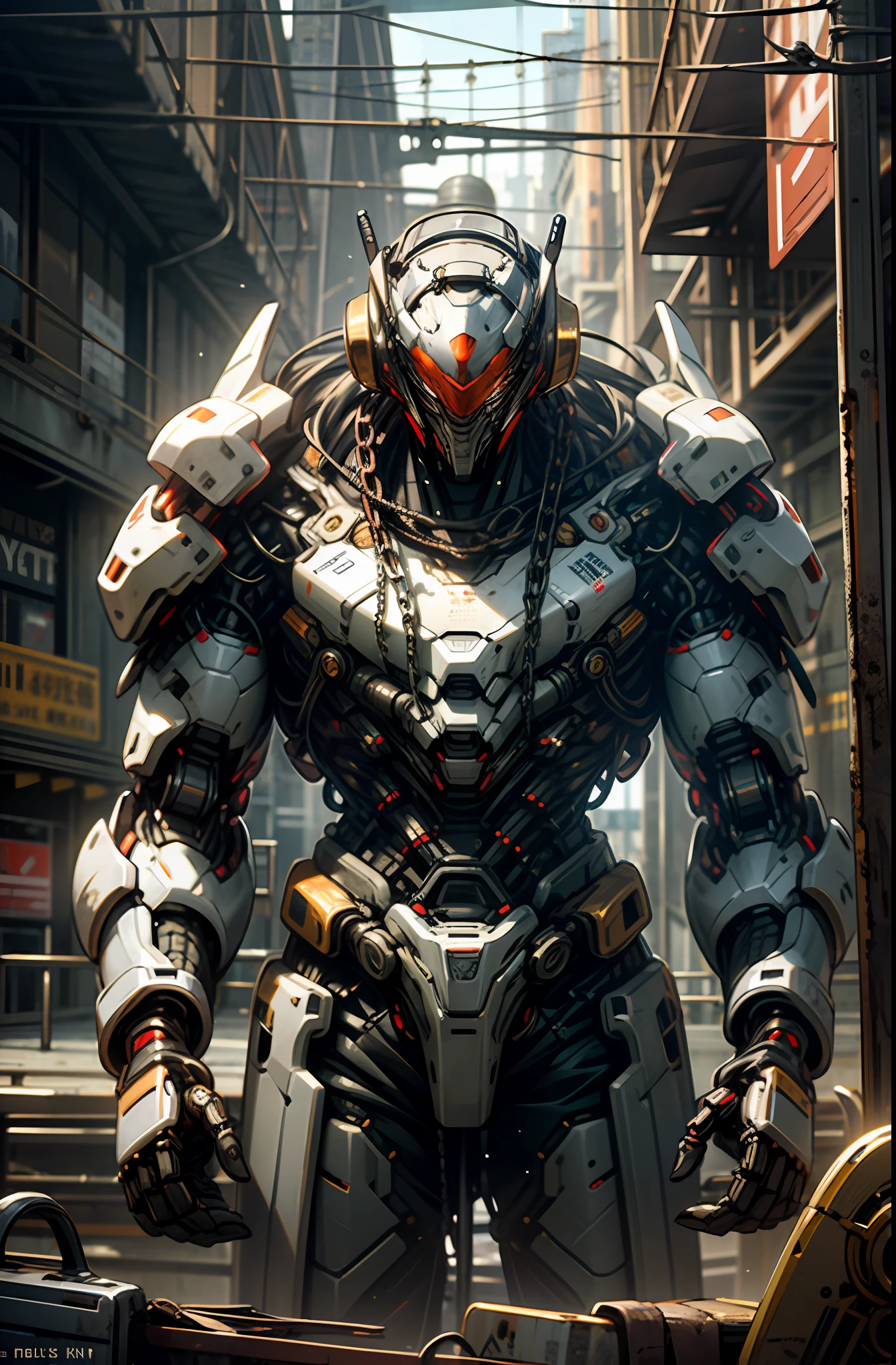 Dark_Fantasy,Cyberpunk,(chain saw,chain saw man,Red:1.1),1man,Mechanical marvel,Robotic presence,Cybernetic guardian, wearing a worn-out mech suit, intricate, (steel metal [rusty]), elegant, clear focus, shot by greg rutkowski, soft lighting, vibrant colors, masterpiece, ((street)), cowboy shot, dynamic pose,
