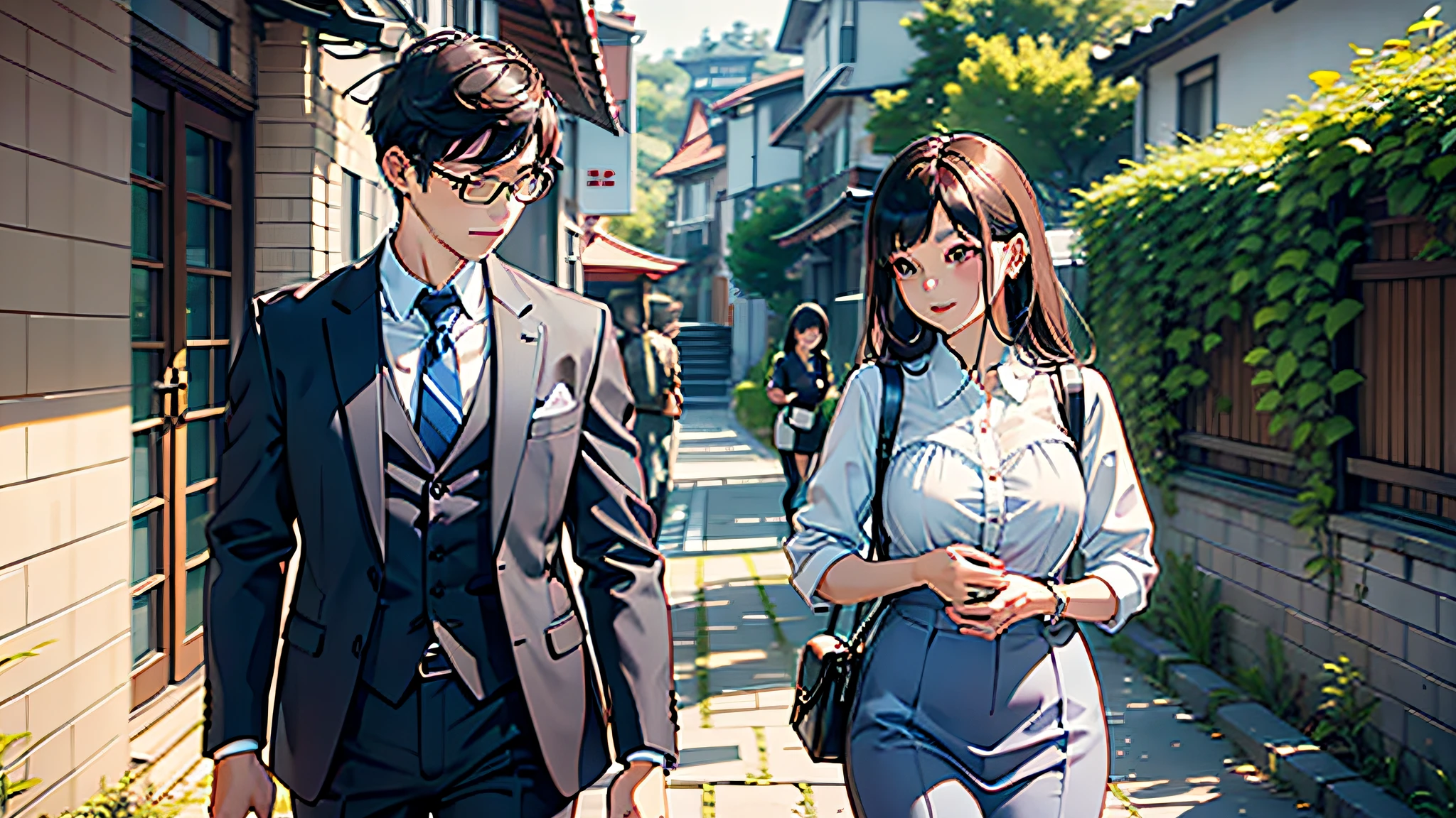 On the doorstep,Gentle and beautiful mother,With a young daughter,Father in a suit who goes to work。
