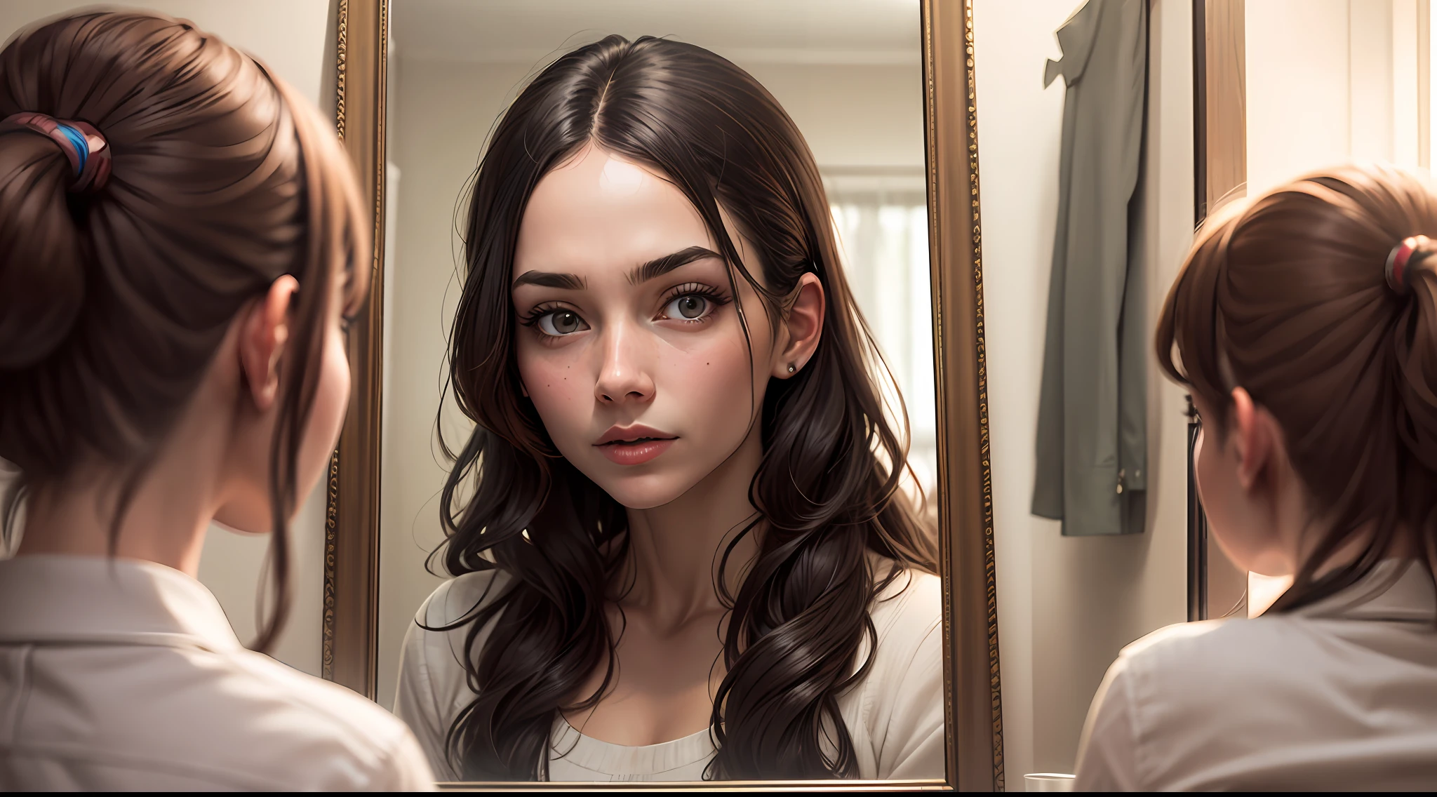 Realistic woman as she is on real life (ugly) and as she sees herself in the mirror