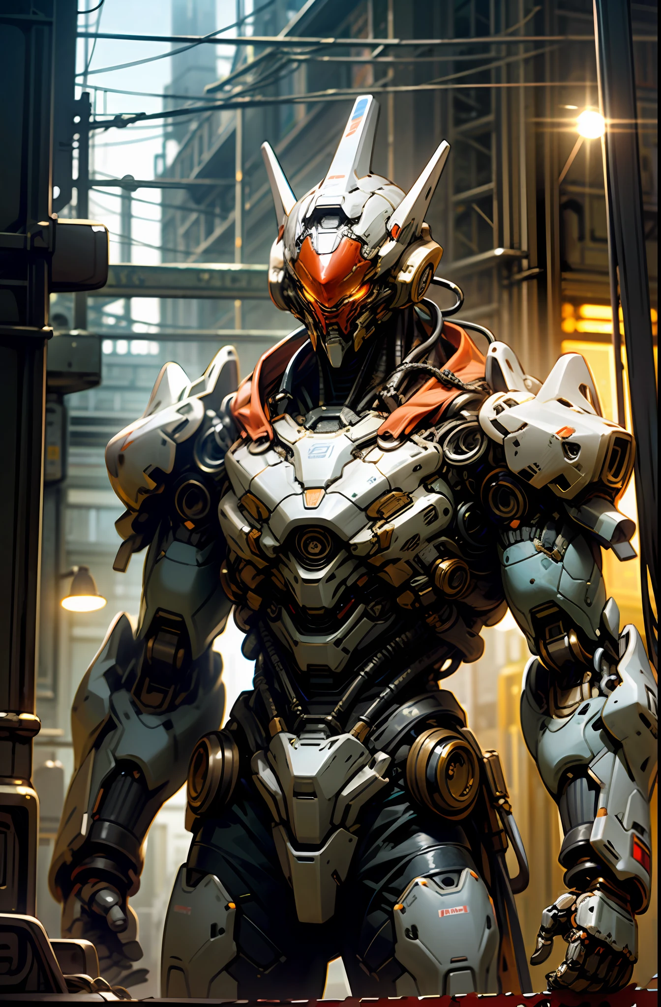 Dark_Fantasy,Cyberpunk,(chain saw,chain saw man,Red:1.1),1man,Mechanical marvel,Robotic presence,Cybernetic guardian, wearing a worn-out mech suit, intricate, (steel metal [rusty]), elegant, clear focus, shot by greg rutkowski, soft lighting, vibrant colors, masterpiece, ((street)), cowboy shot, dynamic pose,