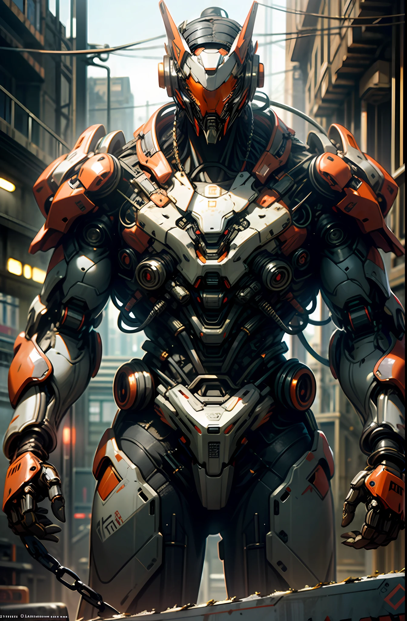 Dark_Fantasy,Cyberpunk,(chain saw,chain saw man,Red:1.1),1man,Mechanical marvel,Robotic presence,Cybernetic guardian, wearing a worn-out mech suit, intricate, (steel metal [rusty]), elegant, clear focus, shot by greg rutkowski, soft lighting, vibrant colors, masterpiece, ((street)), cowboy shot, dynamic pose,