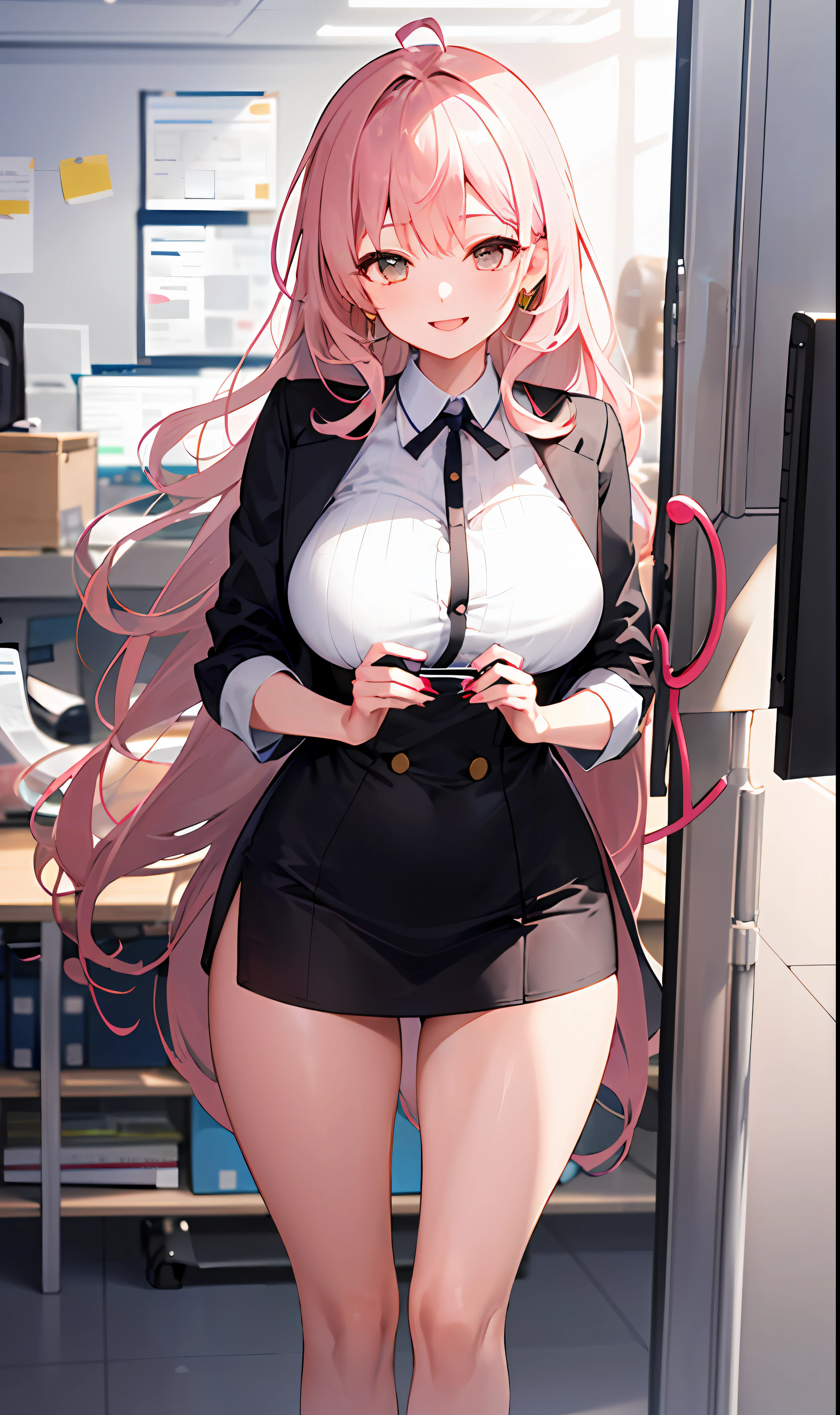 ((masterpiece, best)),(1girl),((mature woman)), light pink hair, dizzy, trumpet, ((office lady)), bangs, mid-chest, (full), slim, smiling, [wide hips] ,office,standing, aru \(blue archive\),