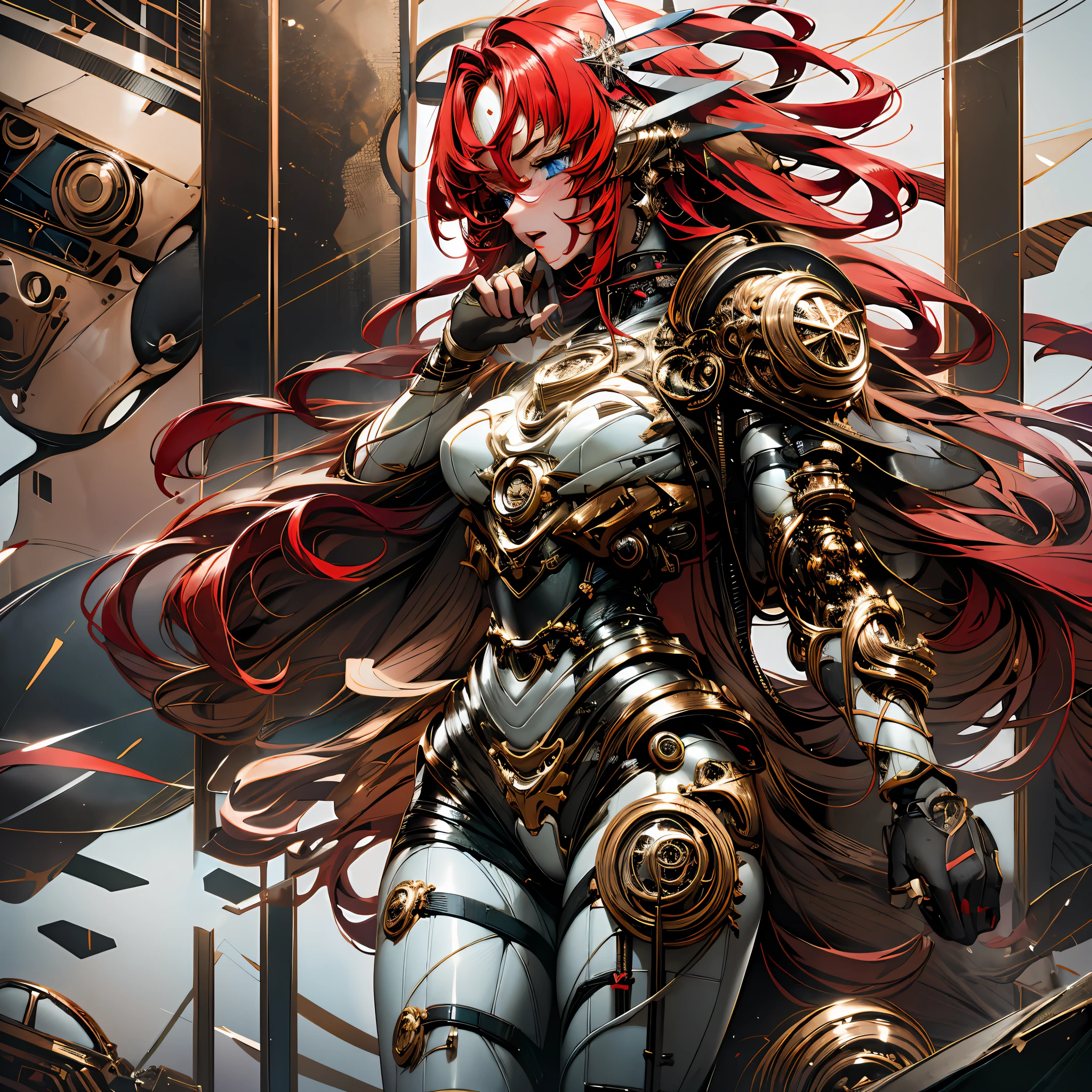 Anime characters with red hair and armor standing in front of the bell tower, Mechanized Valkyrie girl, Armor Girl, Kushatt Krenz Key Art Women, perfect anime cyborg woman, redhead queen in heavy red armor, cyborg noble woman, Best anime 4k konachan wallpaper, like lady mechanika, girl in mecha cyber armor, anime robots