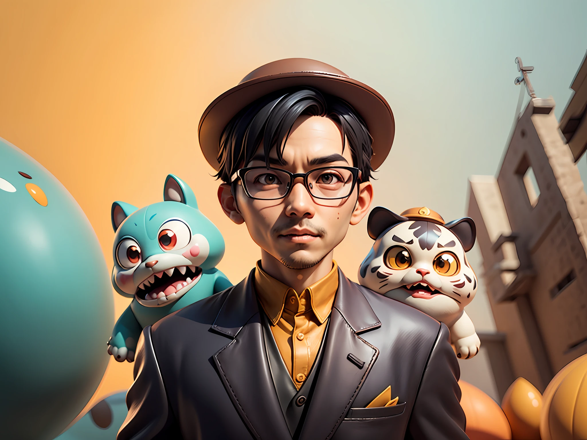 Young man with oriental face in leather hat, tiger, oriental face in formal suit, short black hair, silver glasses, digital painting, 3D character design by Mark Clairedon and Pixar and Hayao Miyazaki and Akira Toriyama, the illustration is a high-definition illustration in 4K resolution with very detailed facial features and cartoon-style visuals.