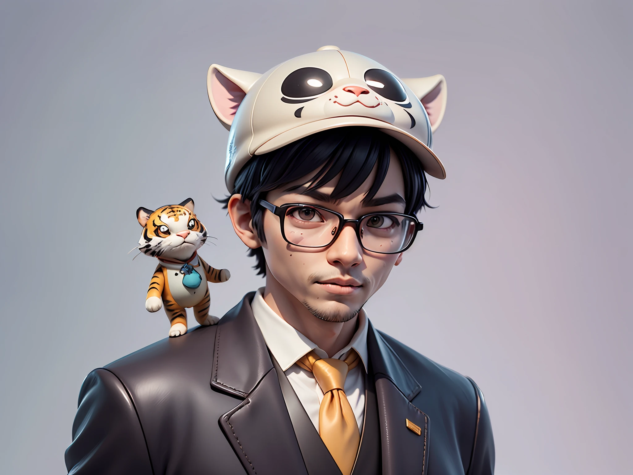 Young man with oriental face in leather hat, tiger, oriental face in formal suit, short black hair, silver glasses, digital painting, 3D character design by Mark Clairedon and Pixar and Hayao Miyazaki and Akira Toriyama, the illustration is a high-definition illustration in 4K resolution with very detailed facial features and cartoon-style visuals.