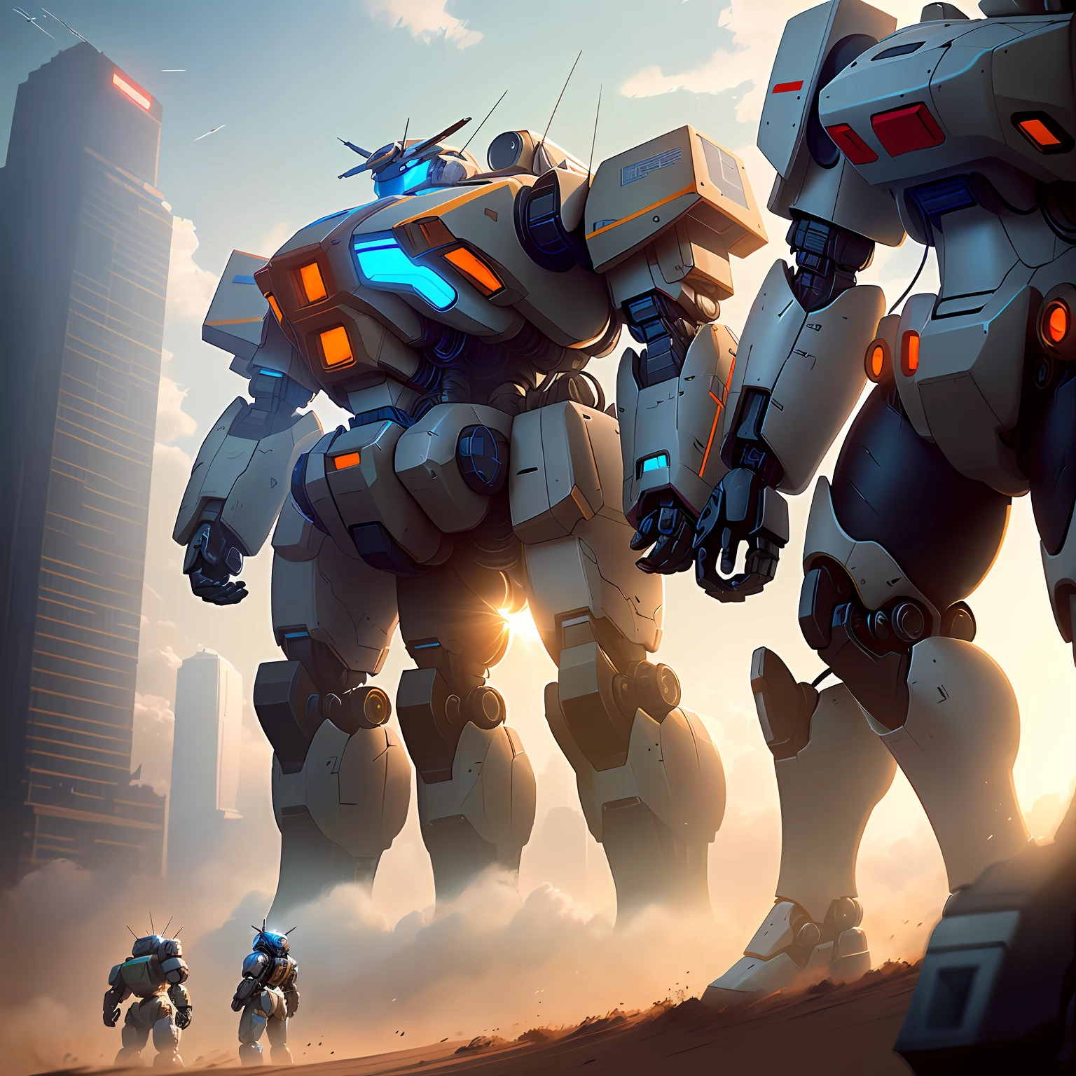 There are a lot of robots standing in the dirt, war mechs fighting, soldiers and mech fight, comic book style battlemech, mecha art, battlemech, battlemech, army of big robots, Mecha Inspiration, mechanized art concept,