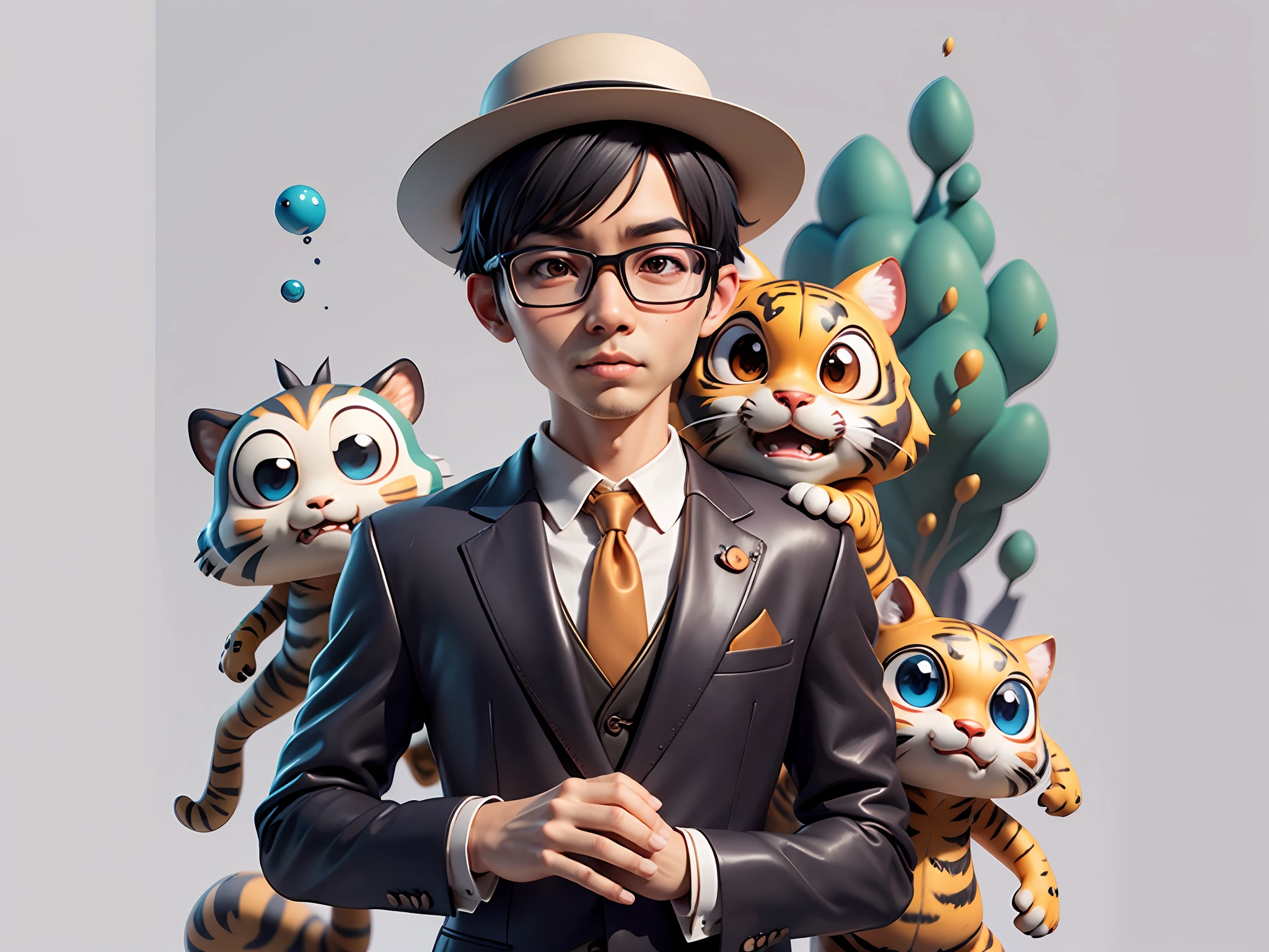 Young man with oriental face in leather hat, tiger, oriental face in formal suit, short black hair, silver glasses, digital painting, 3D character design by Mark Clairedon and Pixar and Hayao Miyazaki and Akira Toriyama, the illustration is a high-definition illustration in 4K resolution with very detailed facial features and cartoon-style visuals.