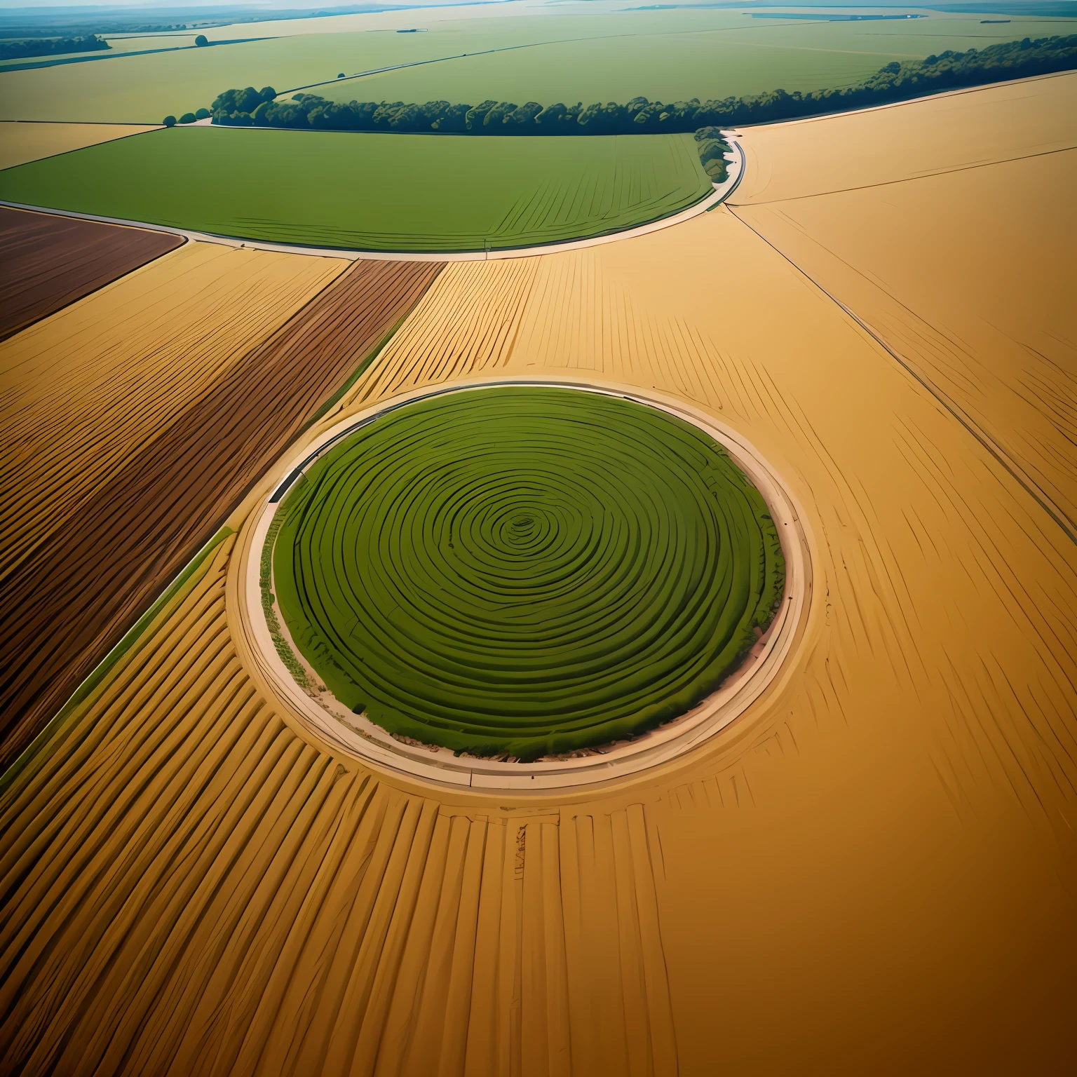 sorghum，View of sorghum fields，Circular clearing in the middle，aerial view top down,photograph from above, seen from straight above, shot from above, Aerial color