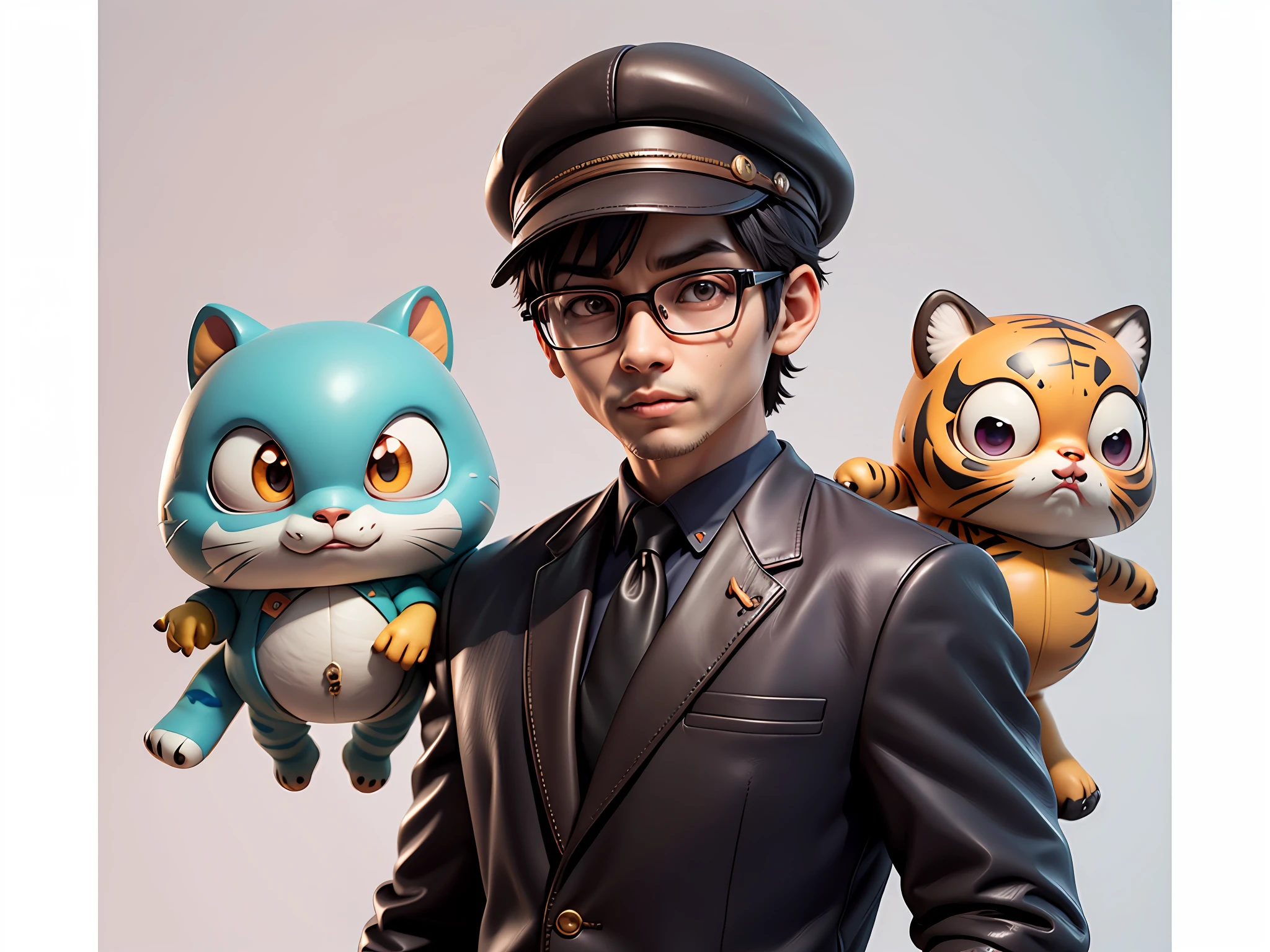 Young man with oriental face in leather hat, tiger, oriental face in formal suit, short black hair, silver glasses, digital painting, 3D character design by Mark Clairedon and Pixar and Hayao Miyazaki and Akira Toriyama, the illustration is a high-definition illustration in 4K resolution with very detailed facial features and cartoon-style visuals.