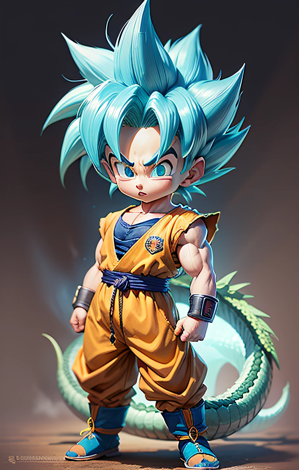 A cartoon character of a very young Gohan,blue hairs,Turn into Super Blue Saiyan Dragon Ball art style,Super Dragon Ball